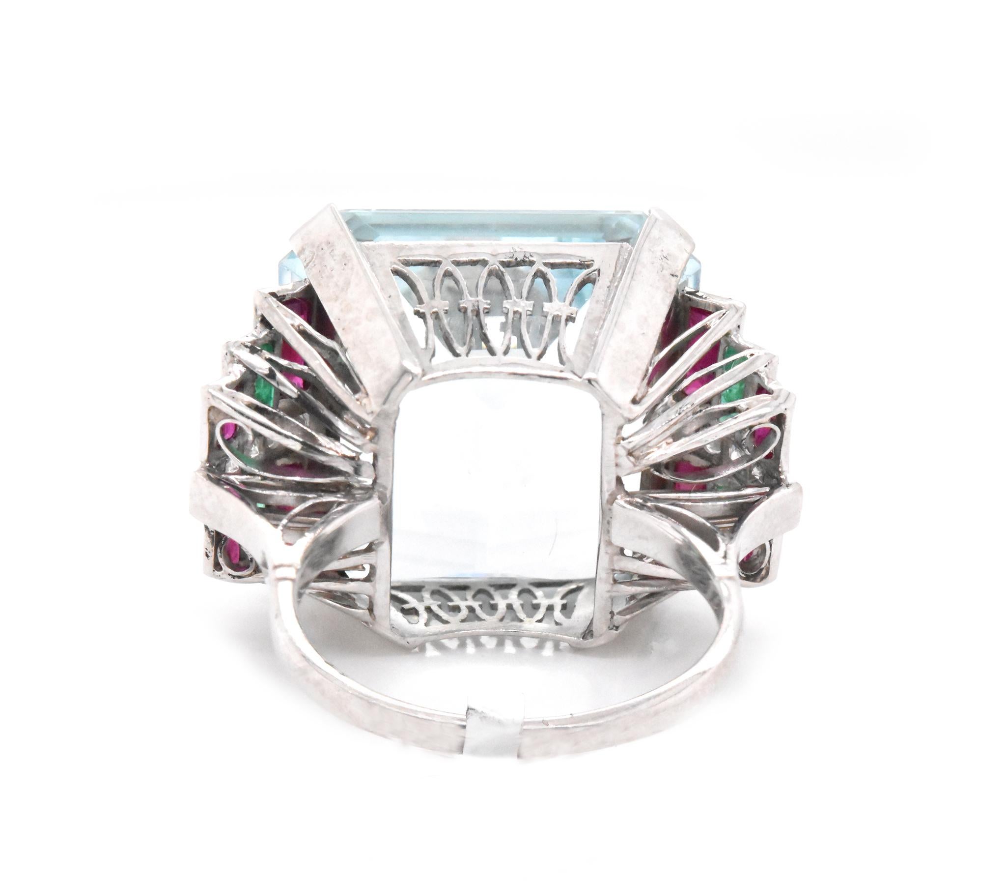 Vintage Platinum Aquamarine, Diamond, Emerald, and Ruby Cocktail Ring In Excellent Condition In Scottsdale, AZ
