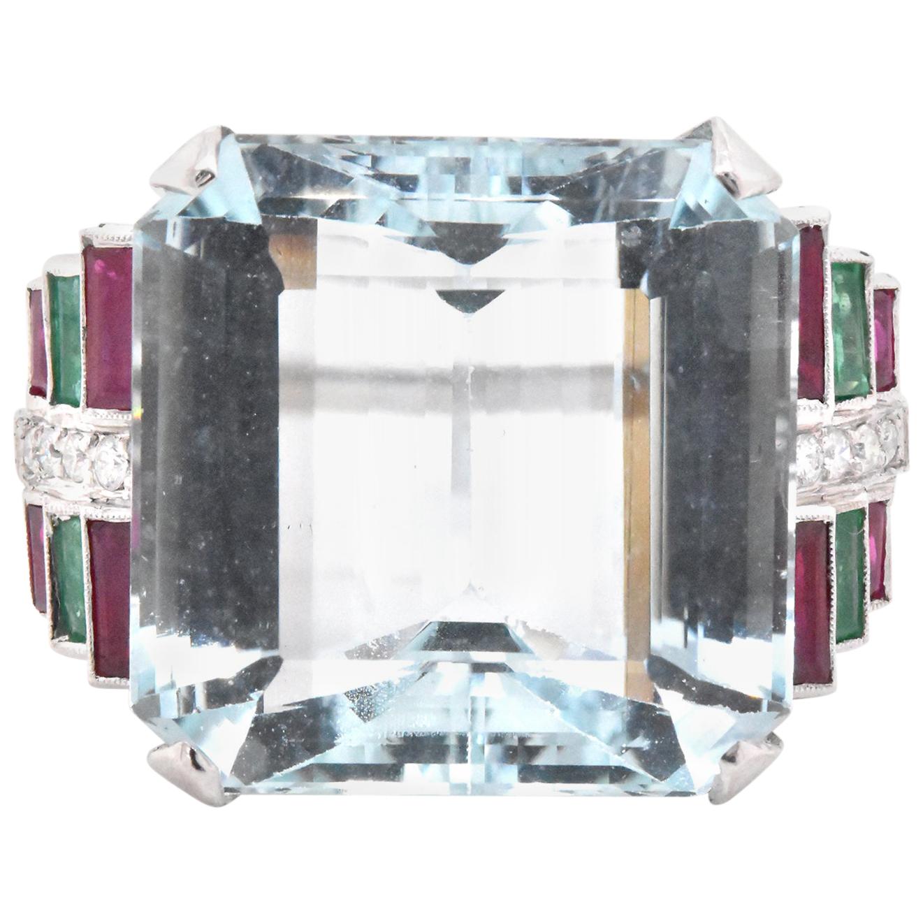 Vintage Platinum Aquamarine, Diamond, Emerald, and Ruby Cocktail Ring