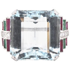 Vintage Platinum Aquamarine, Diamond, Emerald, and Ruby Cocktail Ring