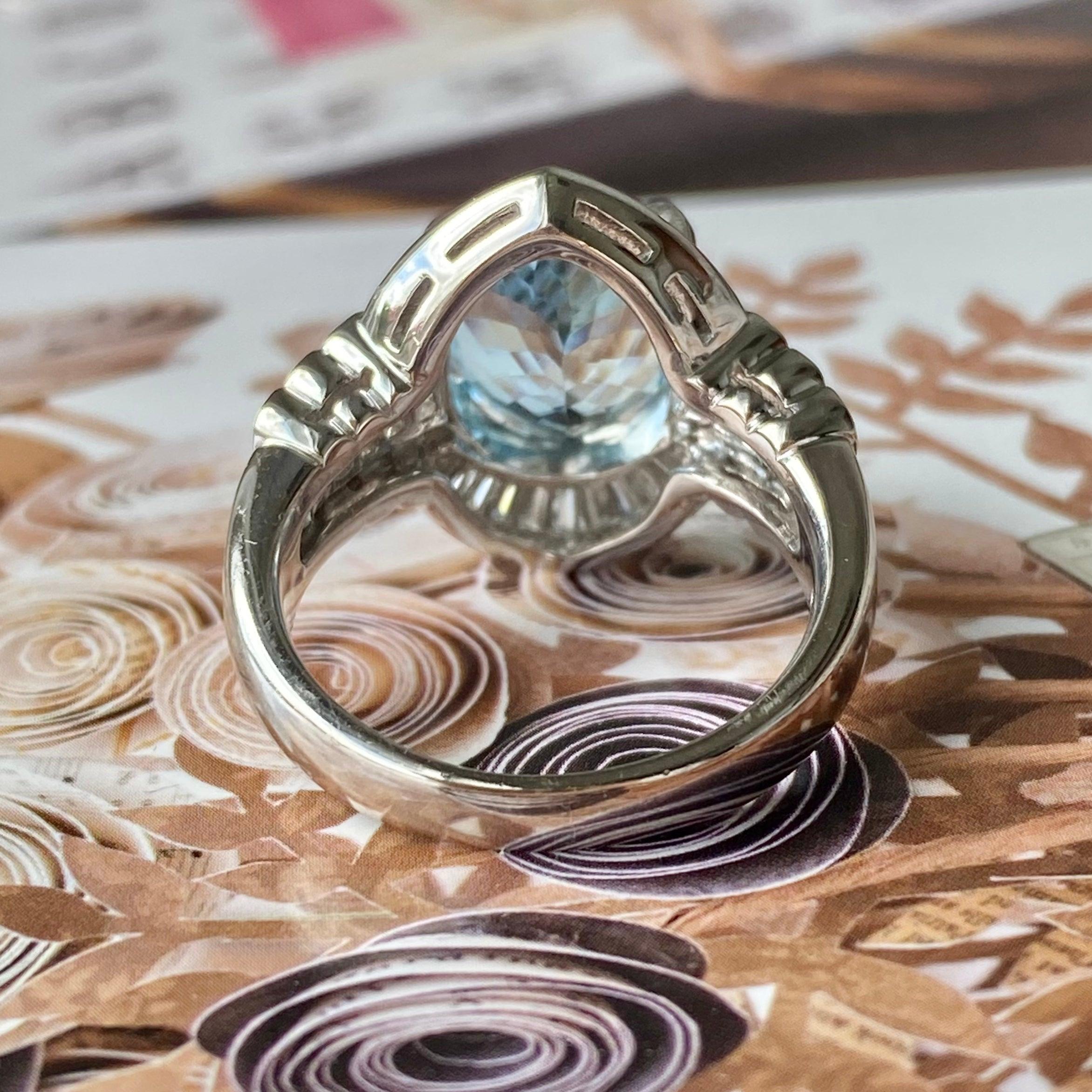 Oval Cut Vintage Platinum Aquamarine & Diamond Ring For Sale
