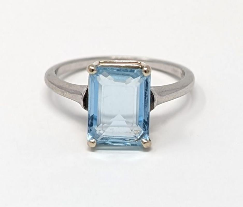 Vintage Platin Aquamarin Ring Solitär Signiert 10% Irid Platin US Gr. 7,5 im Angebot 2