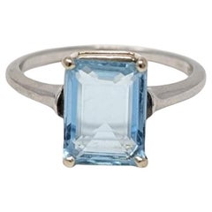Vintage Platinum Aquamarine Ring Solitaire Signed 10% Irid Plat US Sz 7.5
