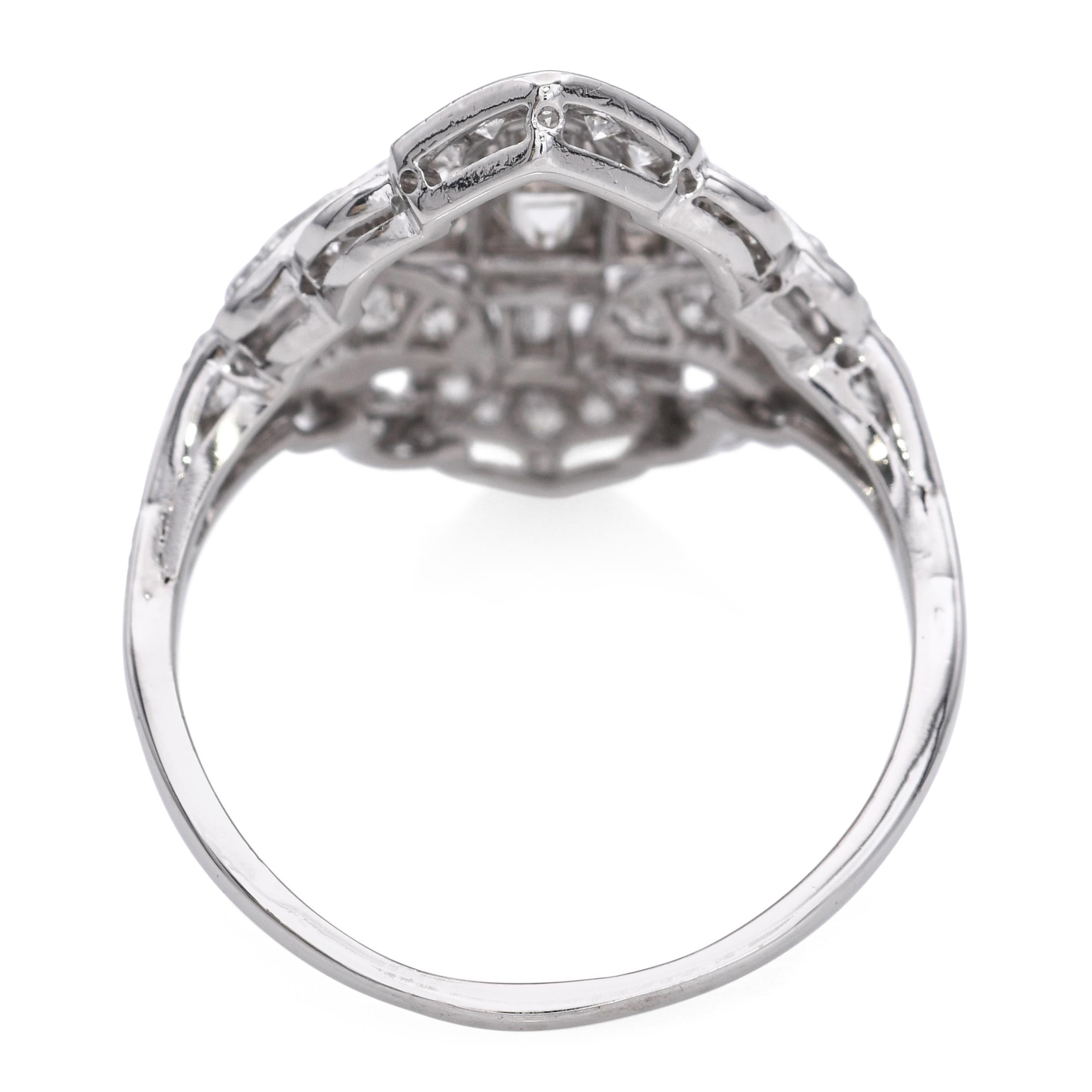 Women's or Men's Vintage Platinum Art Deco 1.1tcw Diamond Motif Ring For Sale