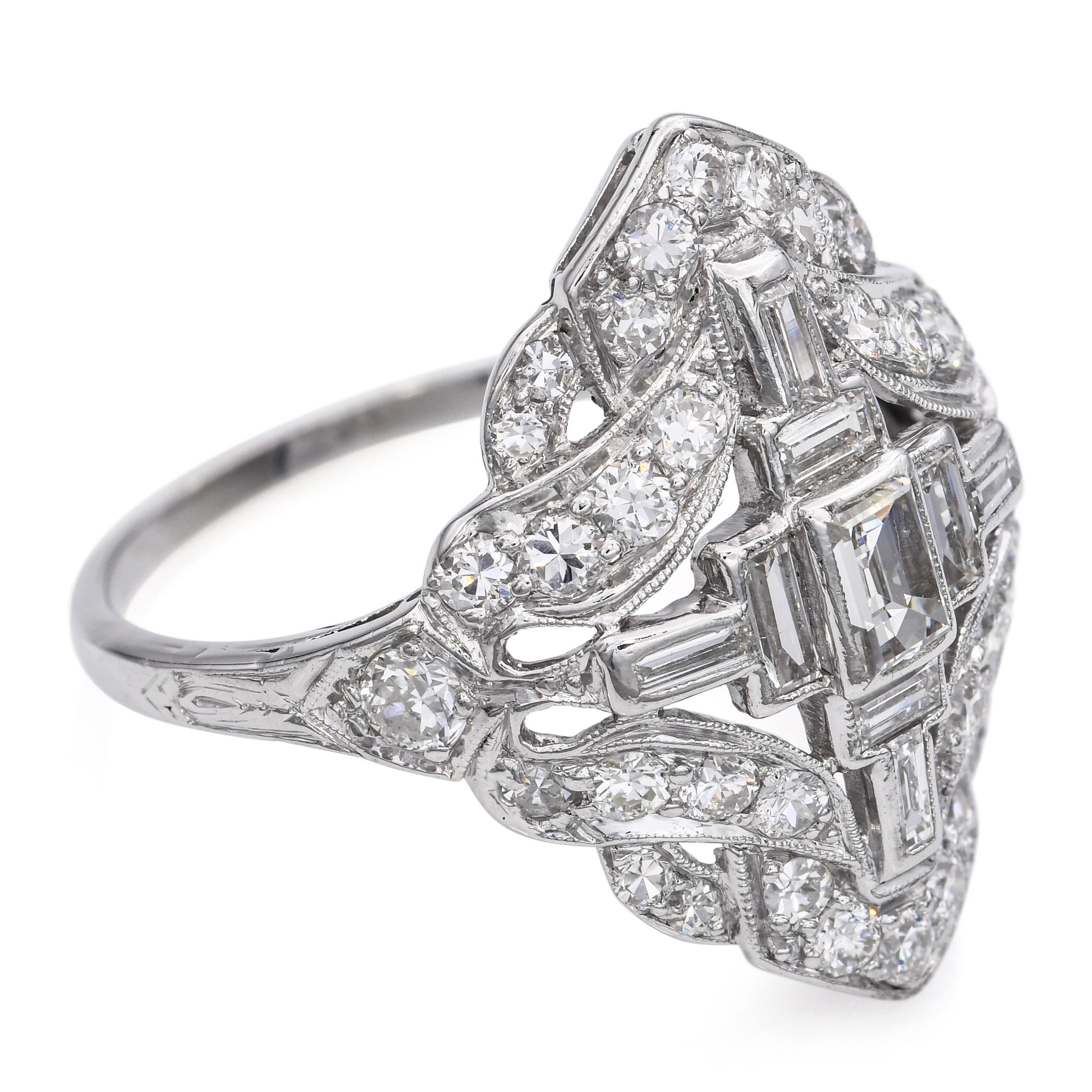 Vintage Platinum Art Deco 1.1tcw Diamond Motif Ring For Sale 1