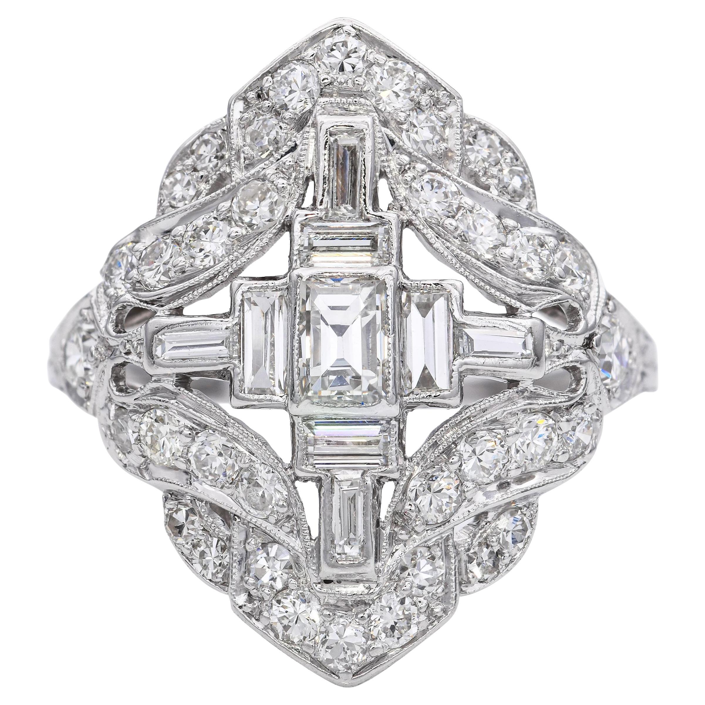 Vintage Platinum Art Deco 1.1tcw Diamond Motif Ring For Sale