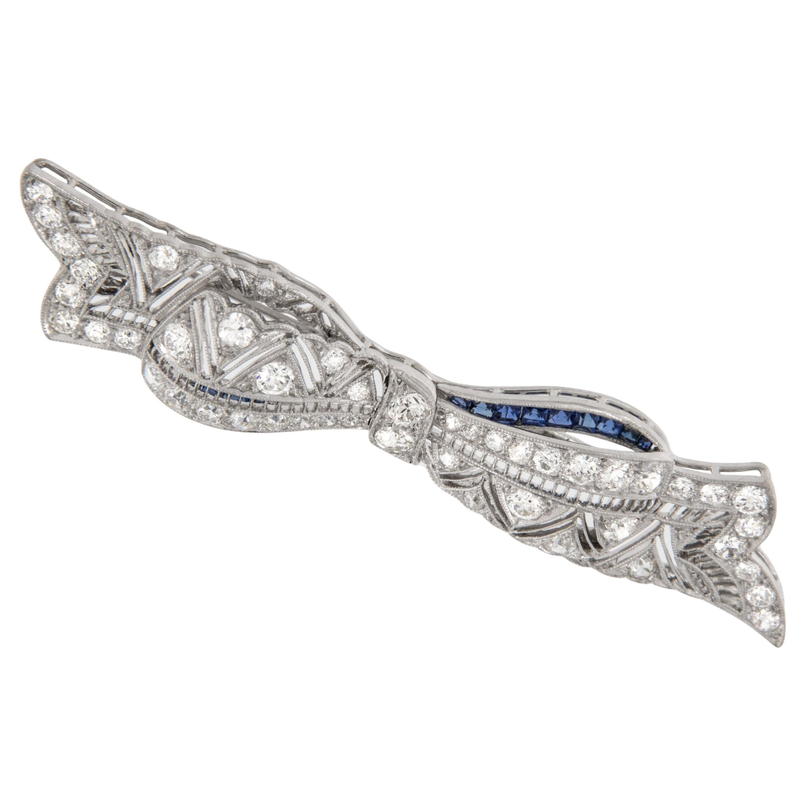 Vintage Platinum Art Deco 1.50 Cttw Diamond 0.45 Cttw Sapphire Bow Pin Pendant 