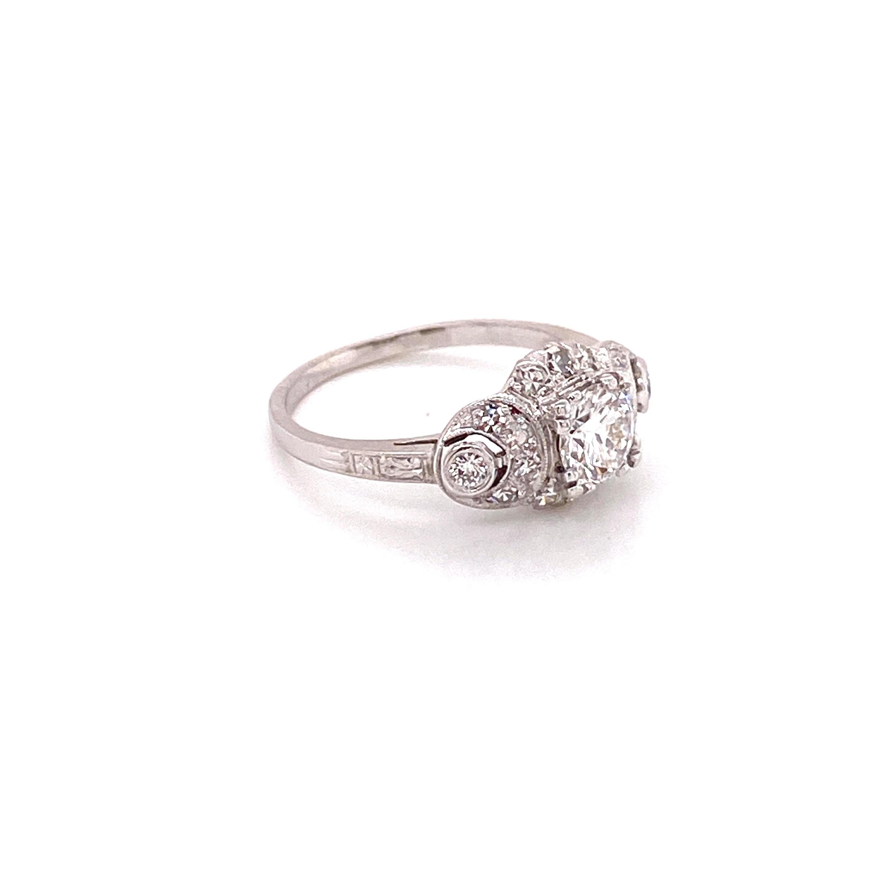 Round Cut Vintage Platinum Art Deco .63 Carat Diamond Ring For Sale