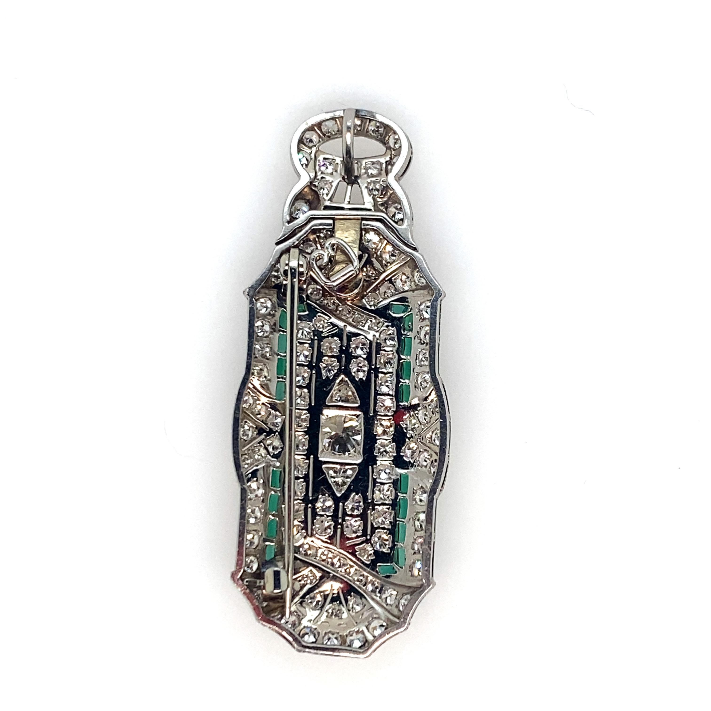 Vintage Platinum Art Deco Diamond and Emerald Pendant In Excellent Condition For Sale In Johns Creek, GA