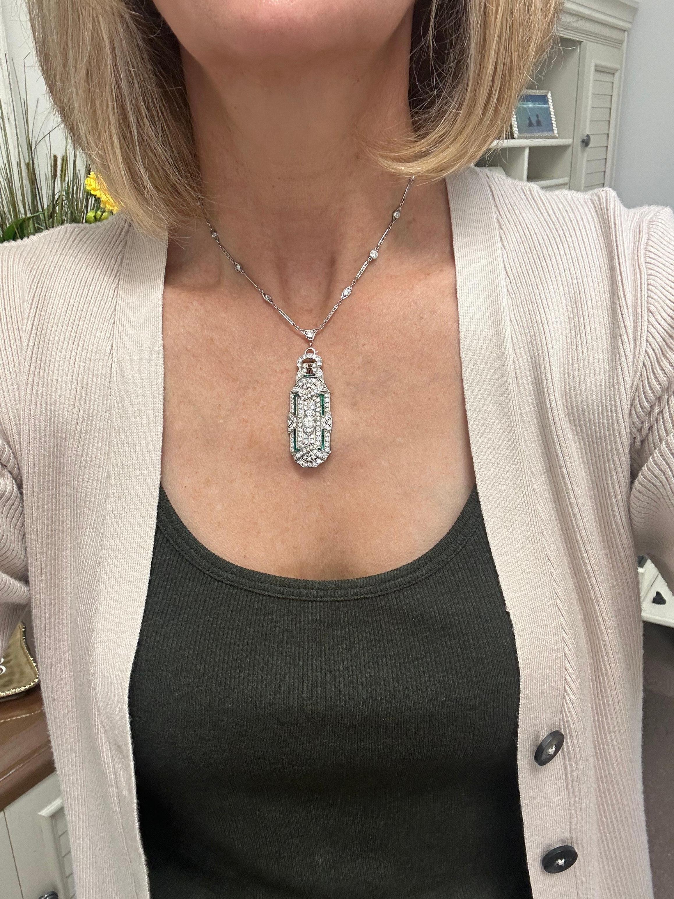 Women's Vintage Platinum Art Deco Diamond and Emerald Pendant For Sale