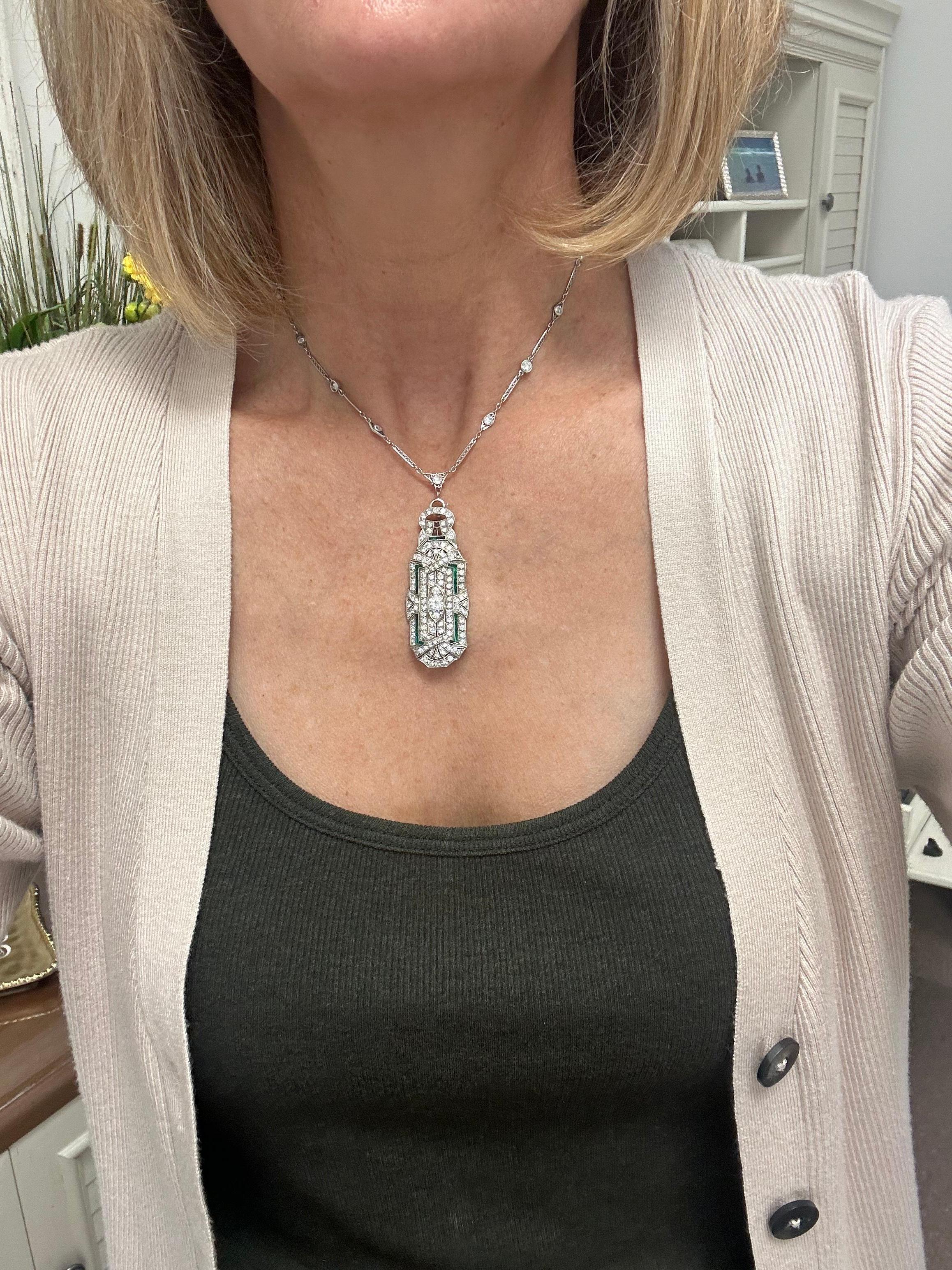 Vintage Platinum Art Deco Diamond and Emerald Pendant For Sale 1