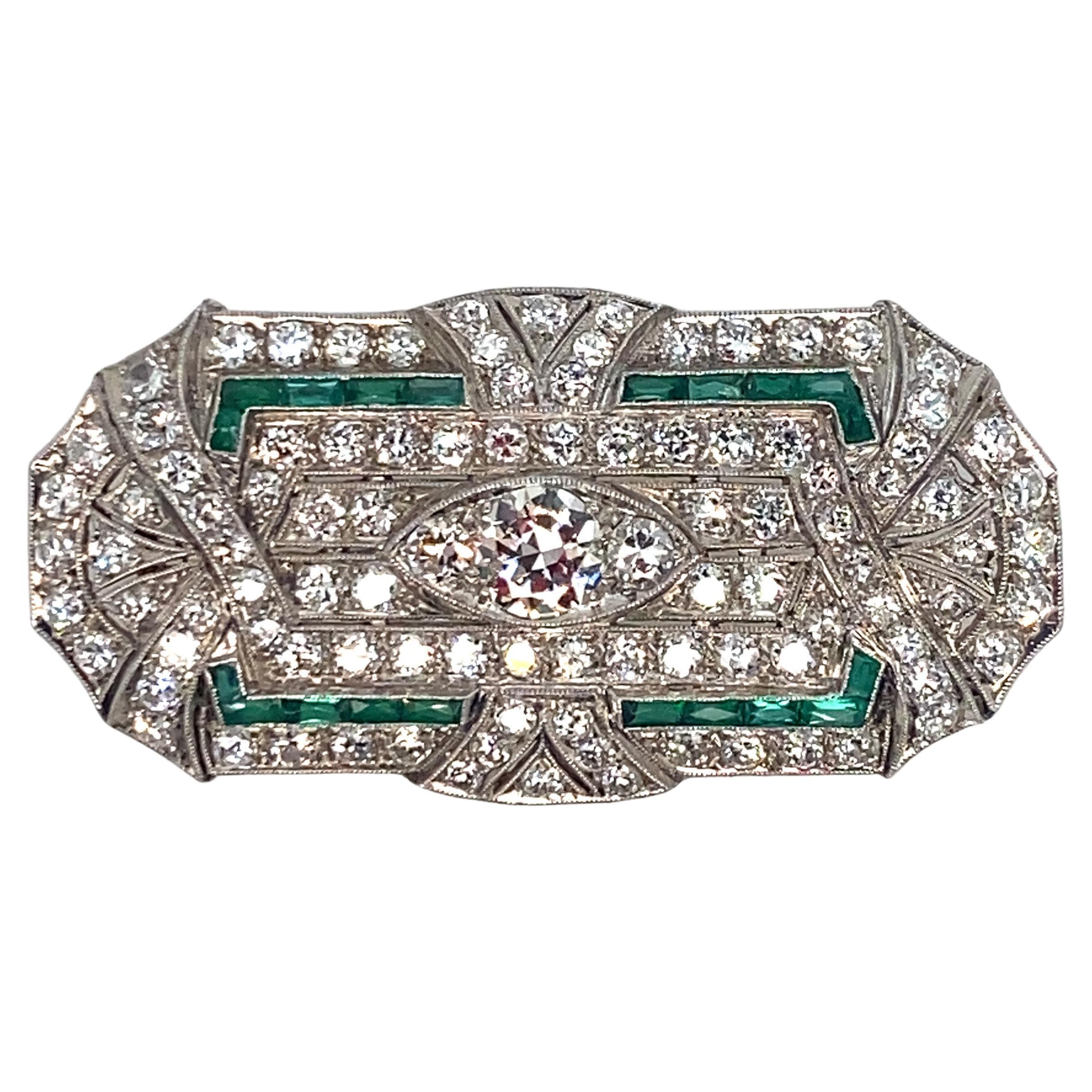 Platin Art Deco Diamant- und Smaragd-Anhänger