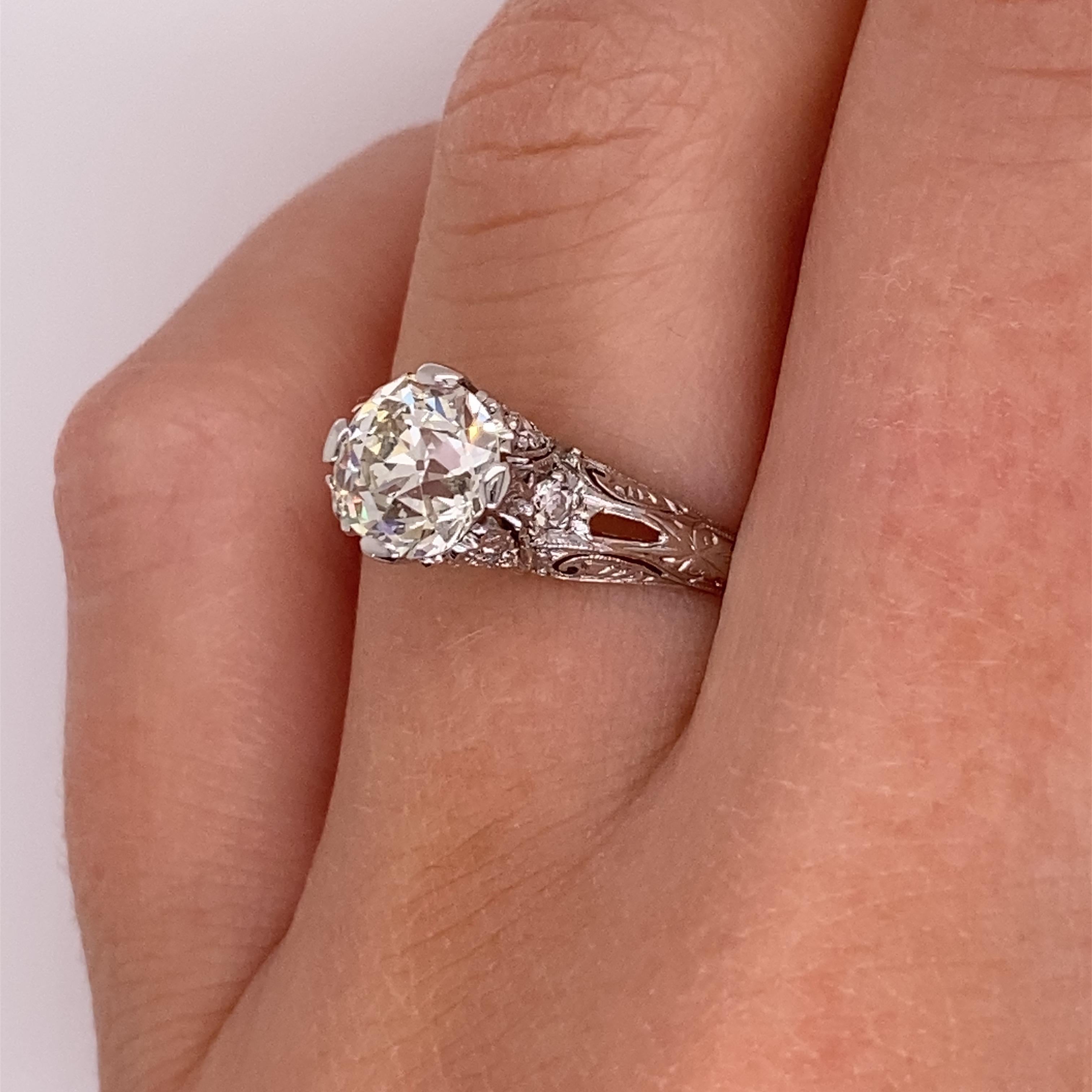 Vintage Platinum Art Deco Diamond Engagement Filigree Ring 1.31 Carat For Sale 6