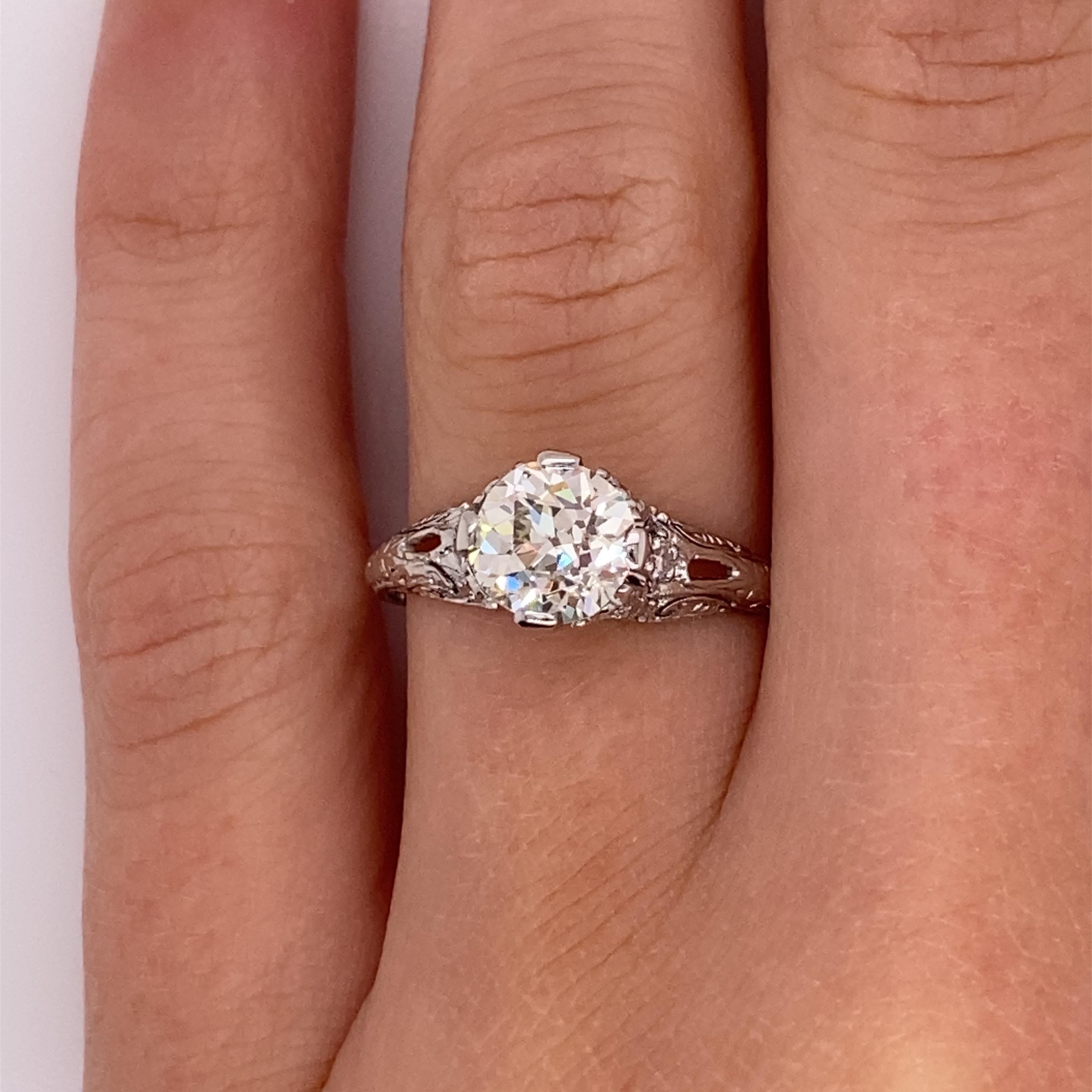 Vintage Platinum Art Deco Diamond Engagement Filigree Ring 1.31 Carat For Sale 7