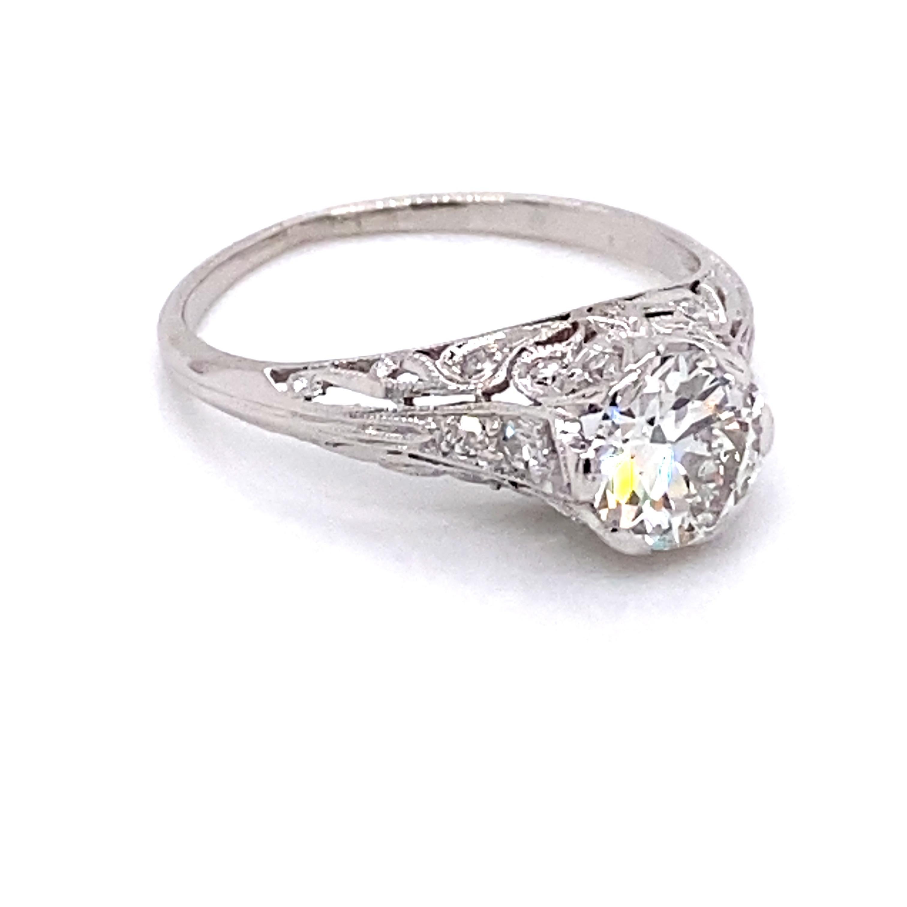 Old European Cut Vintage Platinum Art Deco Diamond Engagement Filigree Ring 1.31 Carat For Sale