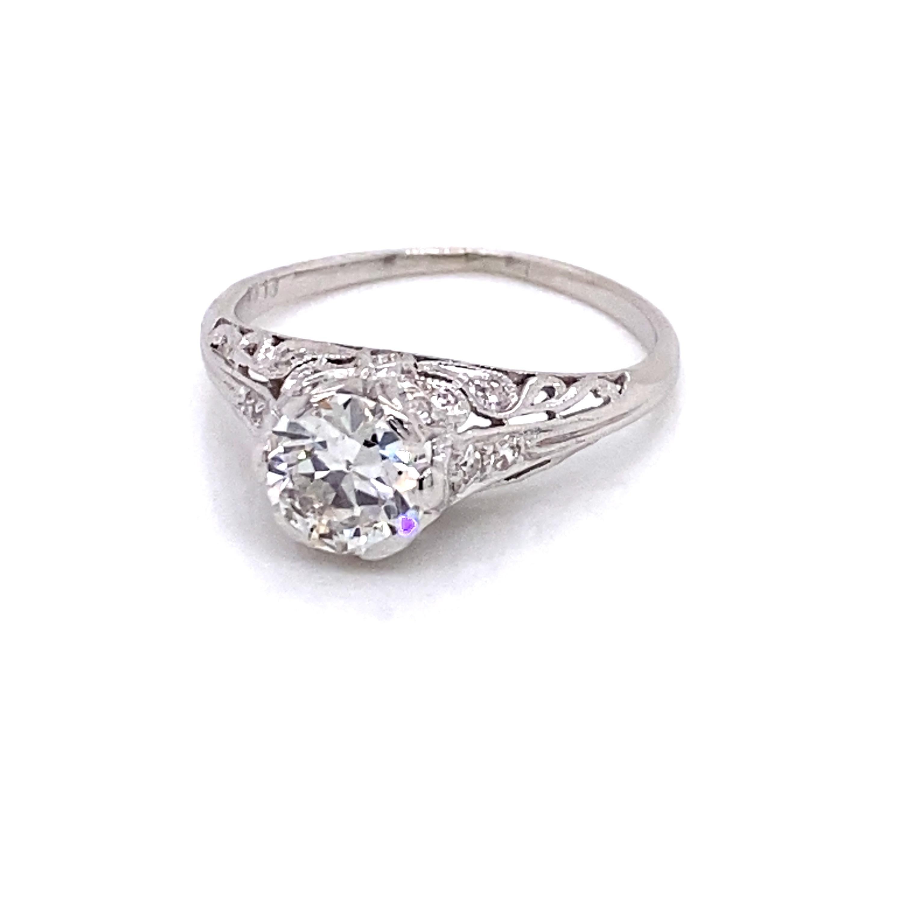 Vintage Platinum Art Deco Diamond Engagement Filigree Ring 1.31 Carat In Good Condition For Sale In Boston, MA