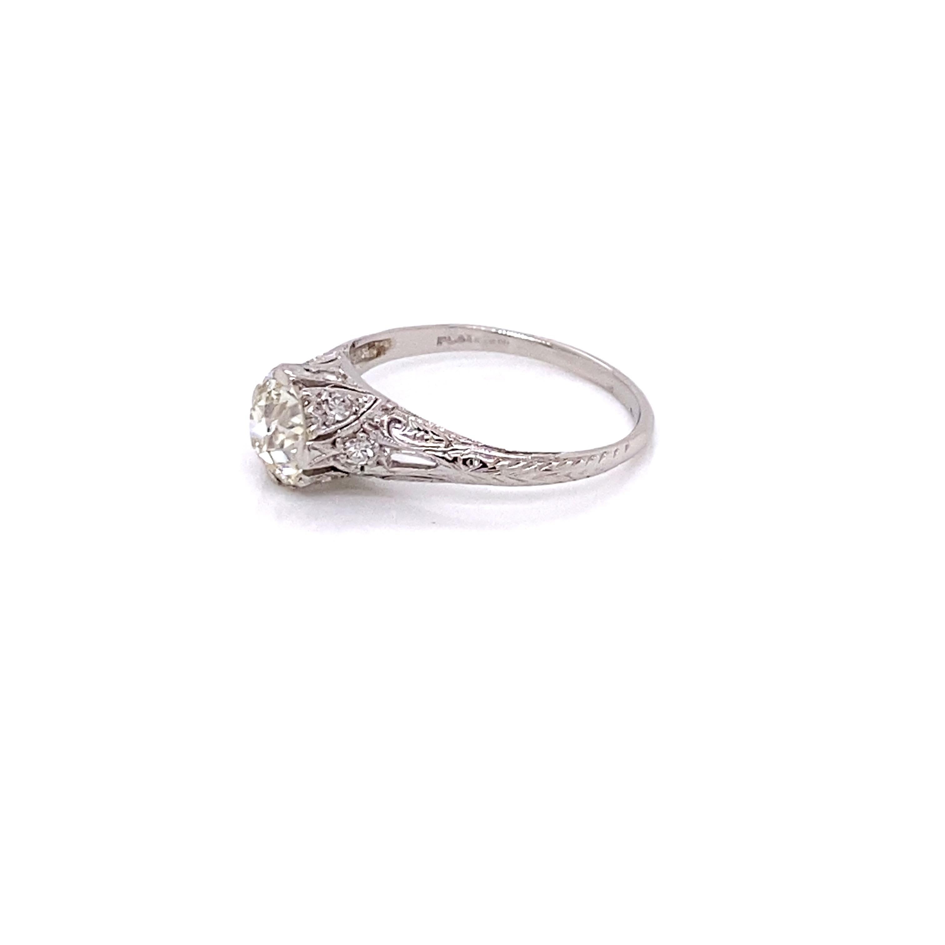 Vintage Platinum Art Deco Diamond Engagement Filigree Ring 1.31 Carat For Sale 3