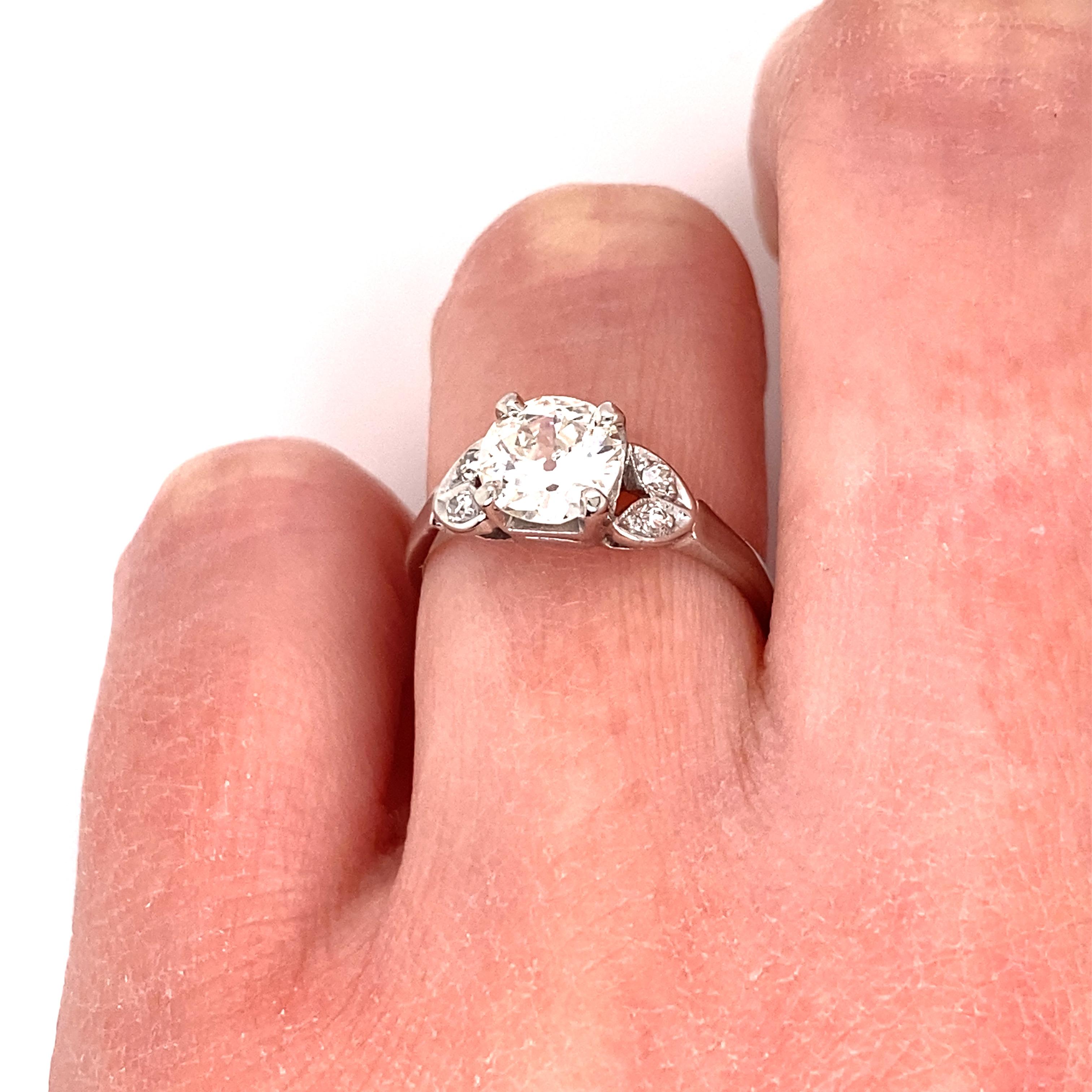 Vintage Platinum Art Deco Diamond Engagement Ring 1.01 Carat with Diamond Leafs For Sale 6