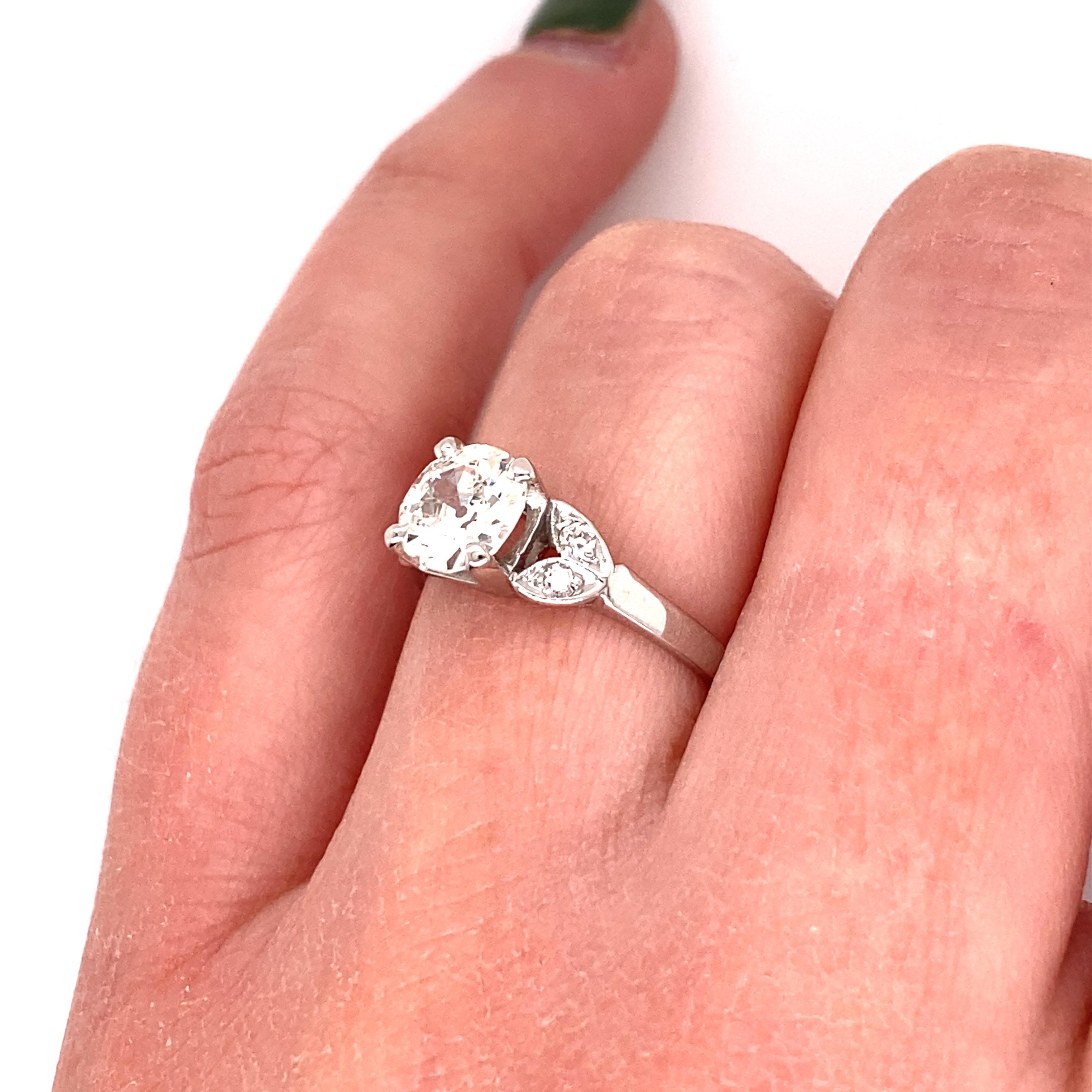 Vintage Platinum Art Deco Diamond Engagement Ring 1.01 Carat with Diamond Leafs For Sale 7