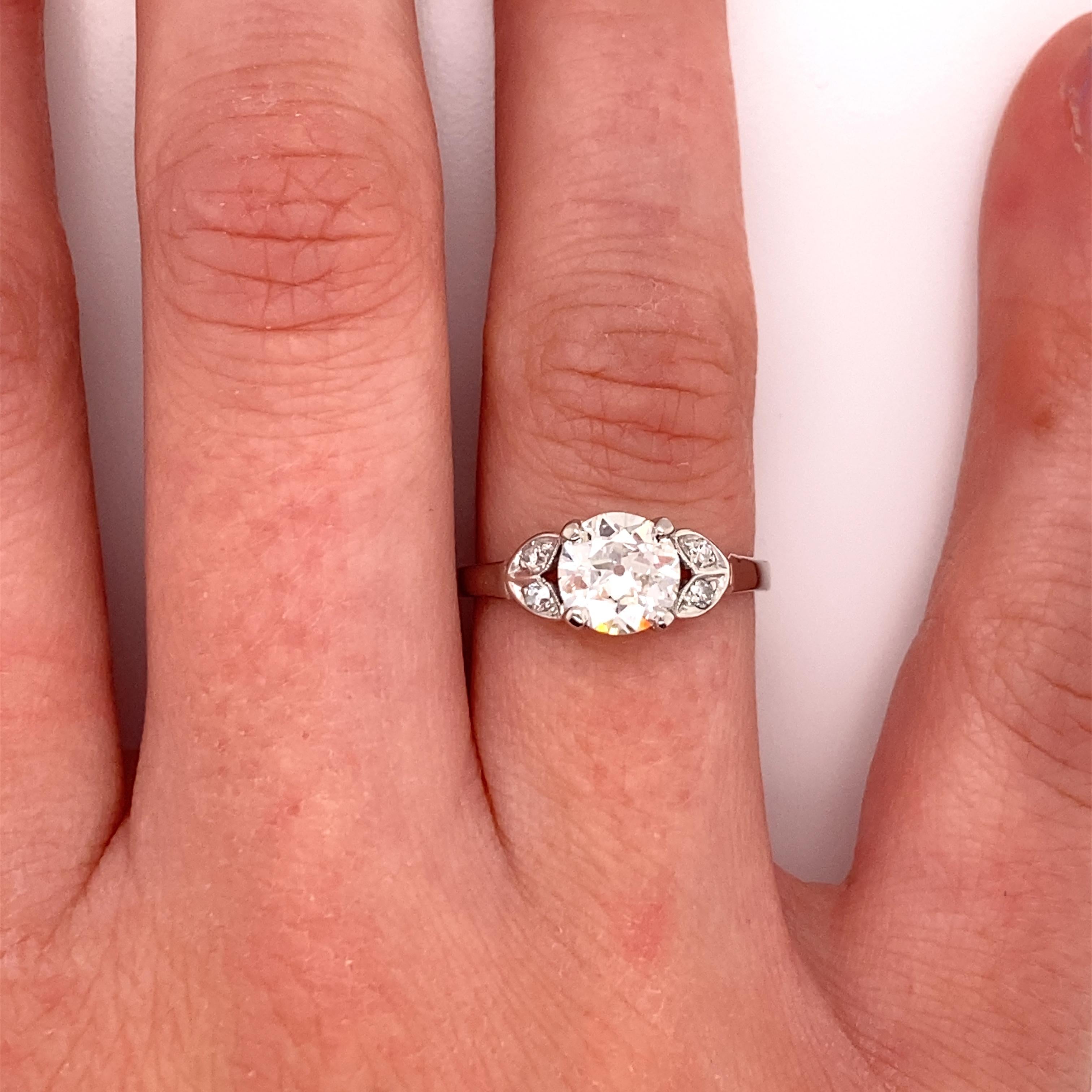 Vintage Platinum Art Deco Diamond Engagement Ring 1.01 Carat with Diamond Leafs For Sale 8