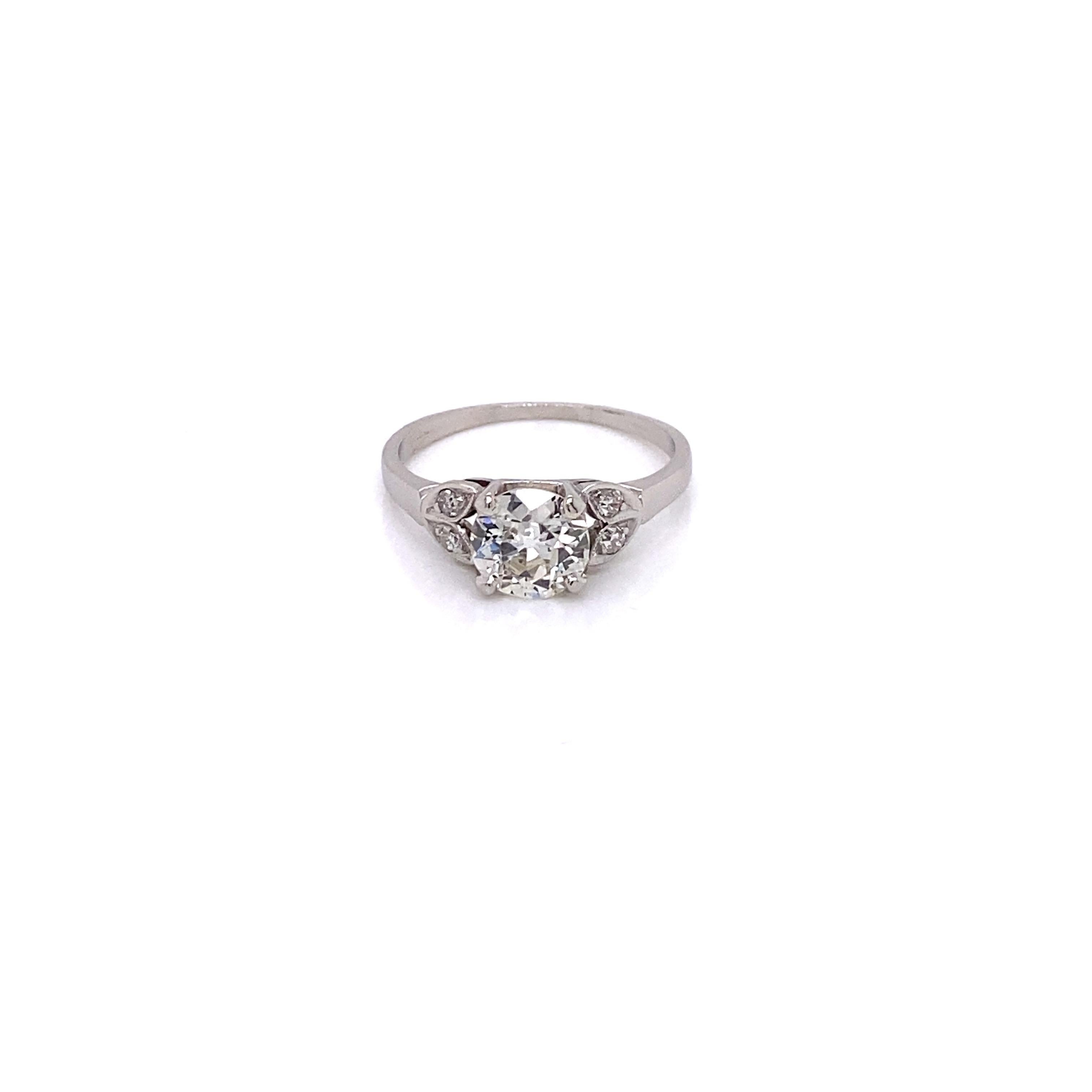 Old European Cut Vintage Platinum Art Deco Diamond Engagement Ring 1.01 Carat with Diamond Leafs For Sale