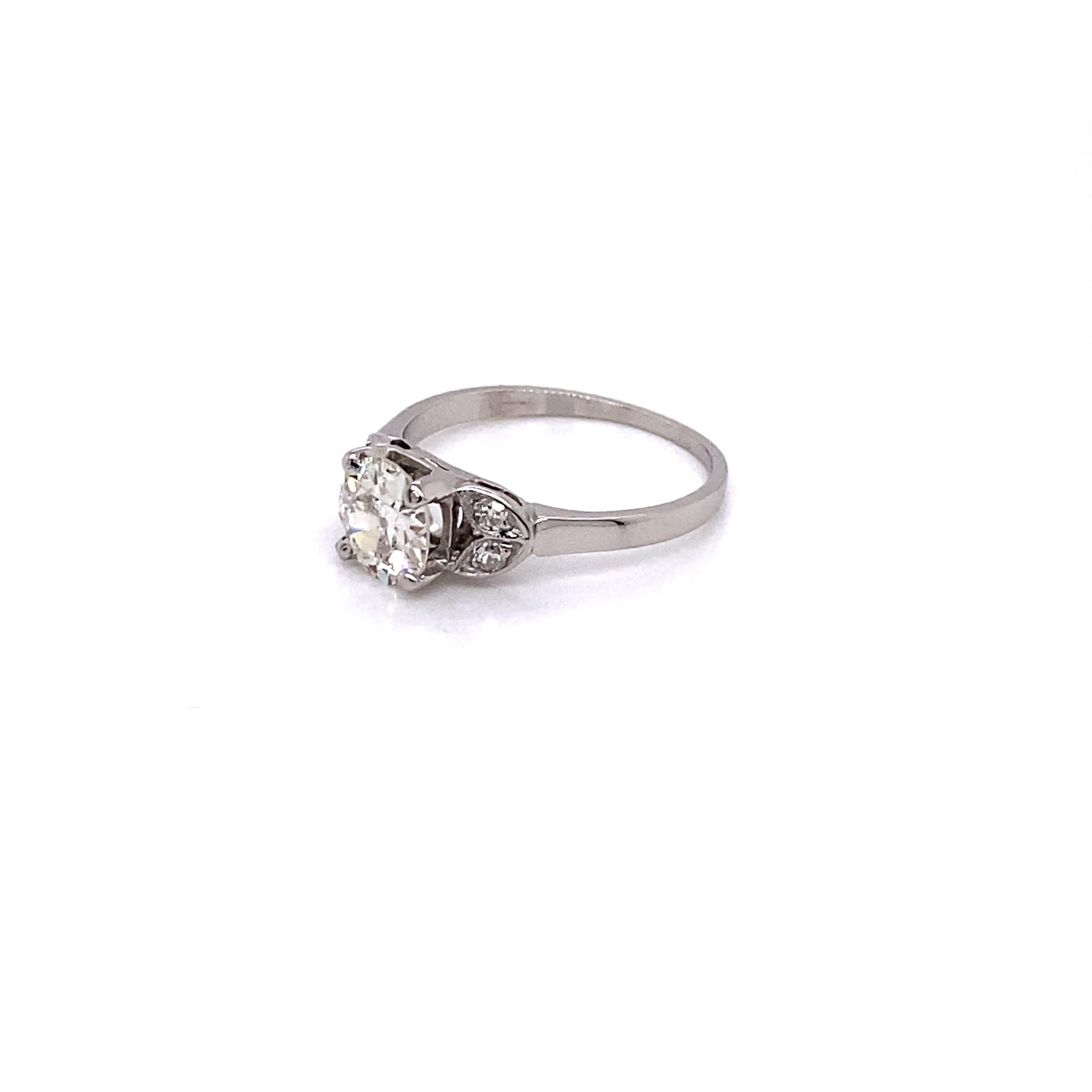 Vintage Platinum Art Deco Diamond Engagement Ring 1.01 Carat with Diamond Leafs For Sale 1