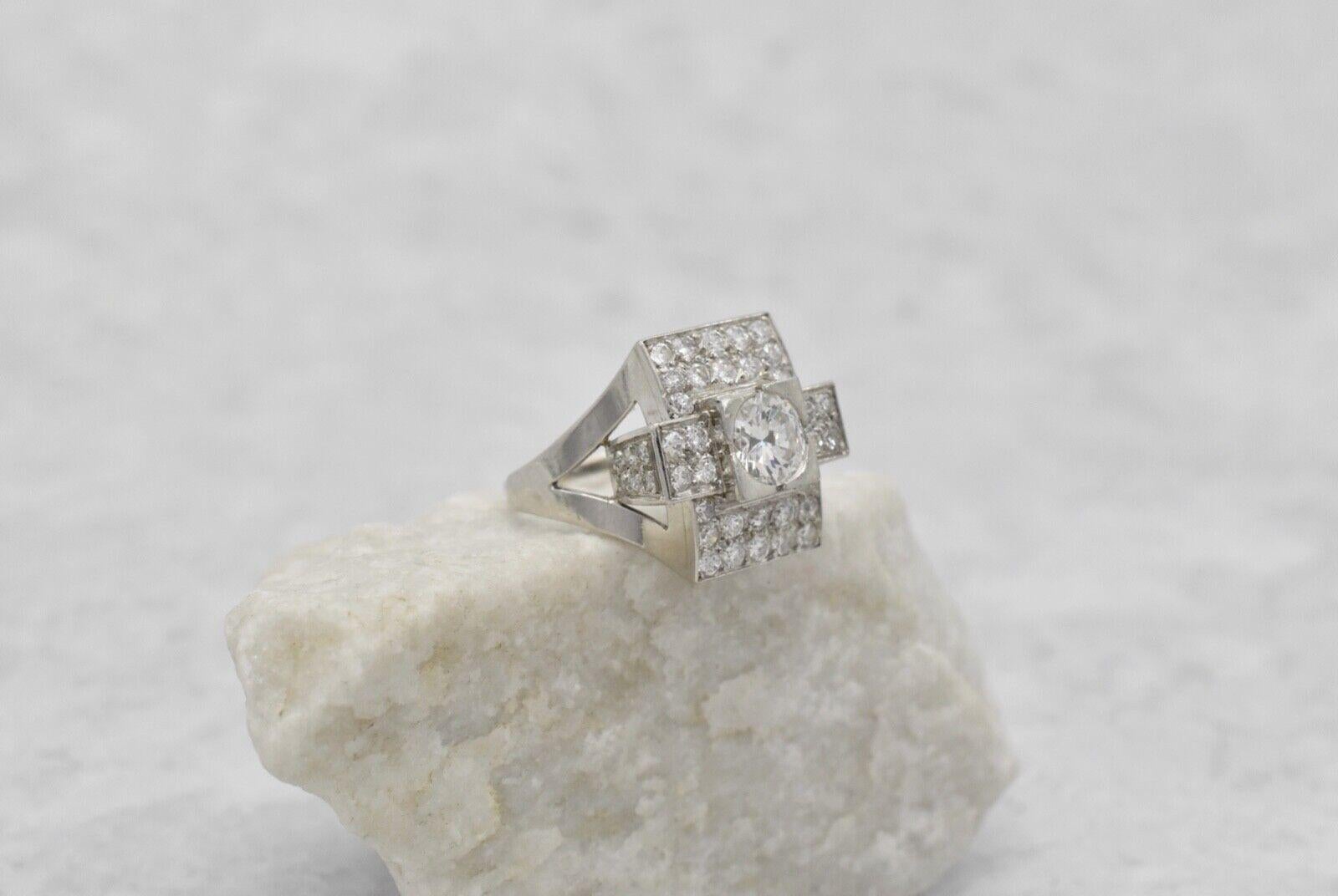 Anillo de diamantes Art Déco vintage de platino, talla 4,75 - 8,7 g Art Decó