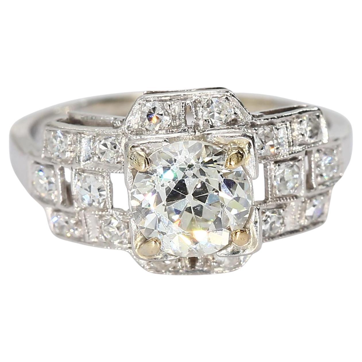 Vintage Platinum Art Deco Ring with Old European Cut Center Diamond - Size 4.5