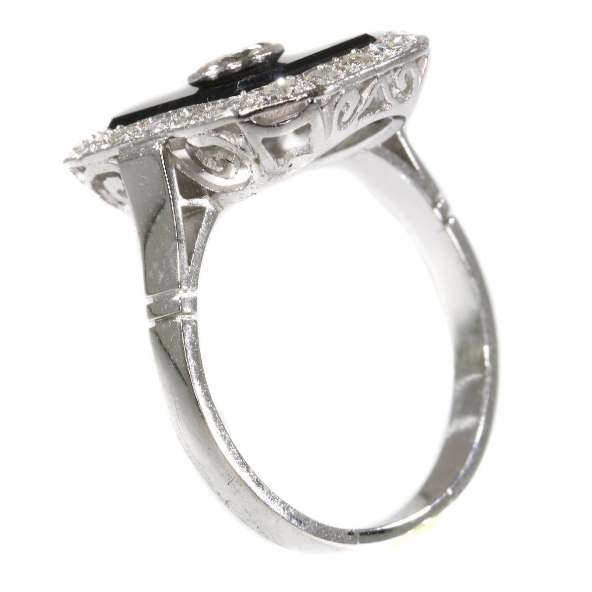 Round Cut Vintage Platinum Art Deco Style Diamond and Onyx Ring from the 1950s