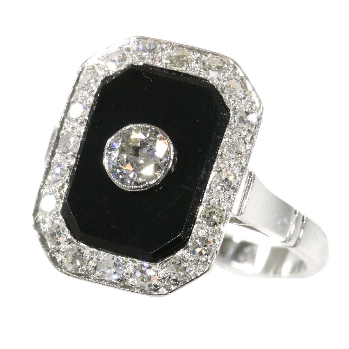 Vintage Platinum Art Deco Style Diamond and Onyx Ring from the 1950s