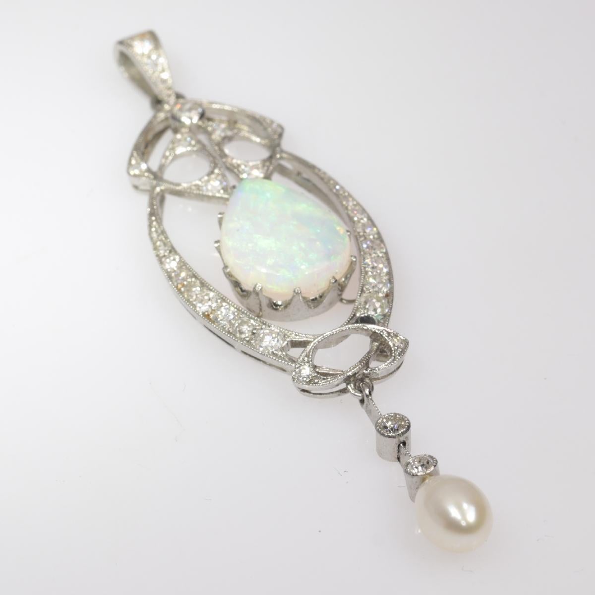 Women's Vintage Platinum Art Nouveau Pendant with Diamonds and Large Opal, 1910s For Sale