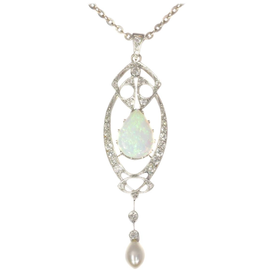 Vintage Platinum Art Nouveau Pendant with Diamonds and Large Opal, 1910s For Sale