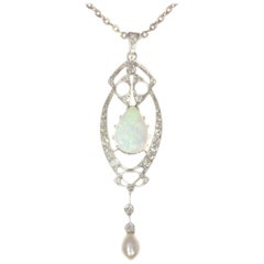 Antique Platinum Art Nouveau Pendant with Diamonds and Large Opal, 1910s