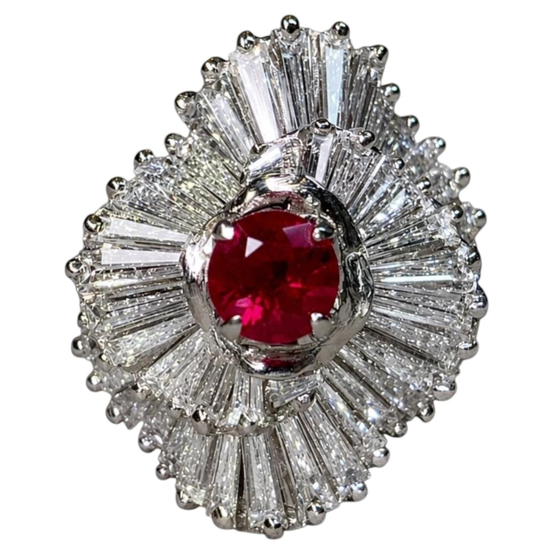 Vintage Platinum Baguette Diamond Vivid Ruby Spiral Ballerina Cocktail Ring