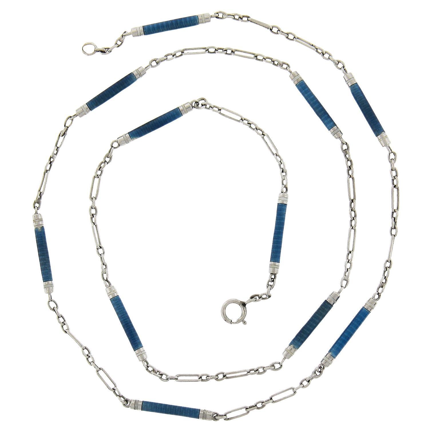 Vintage Platinum Blue Enamel Bar Link Sections 18" Chain & Necklace