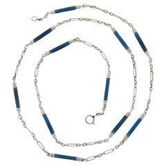 Vintage Platinum Blue Enamel Bar Link Sections 18" Chain & Necklace