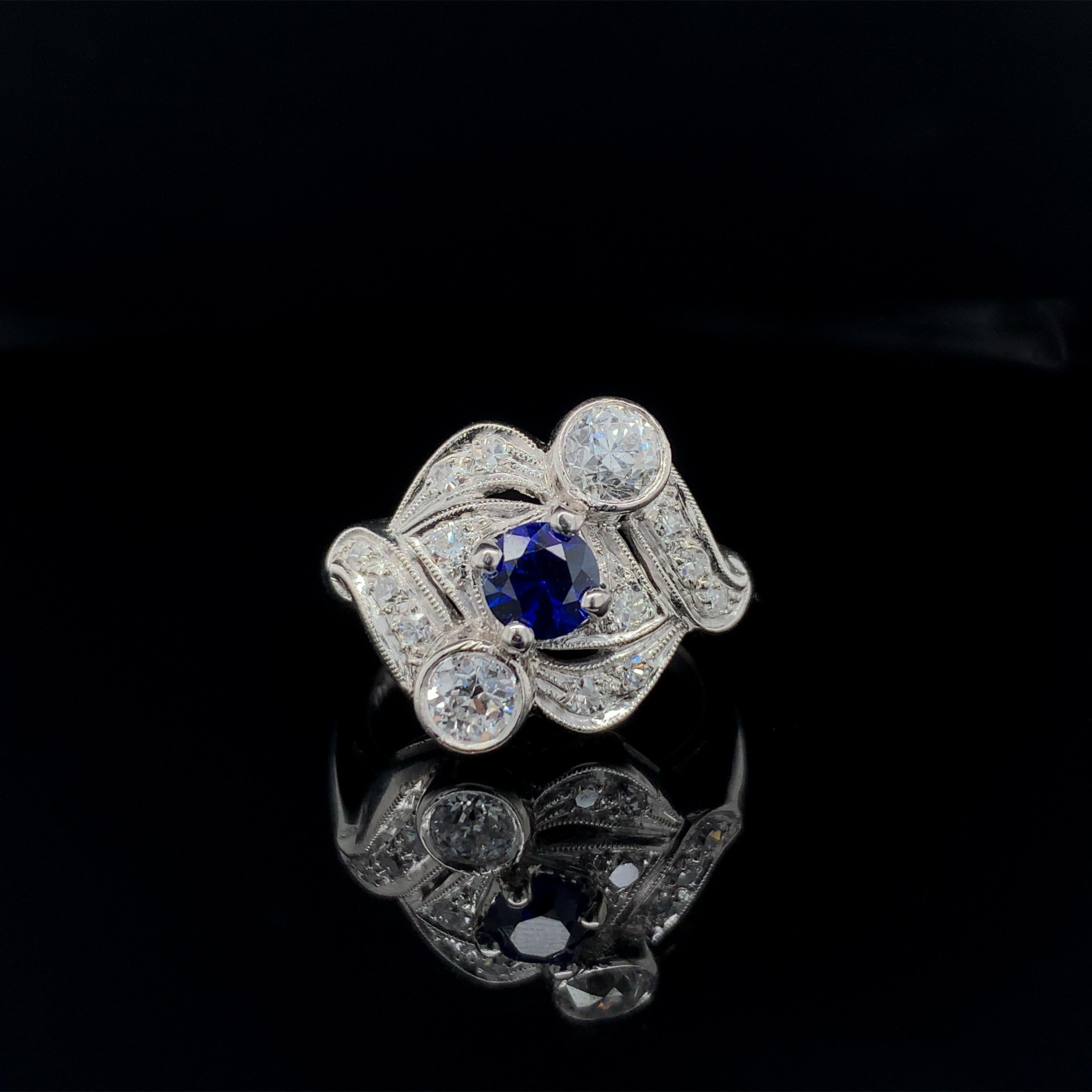 Vintage Platinum Blue Sapphire and Diamond Ring For Sale 1