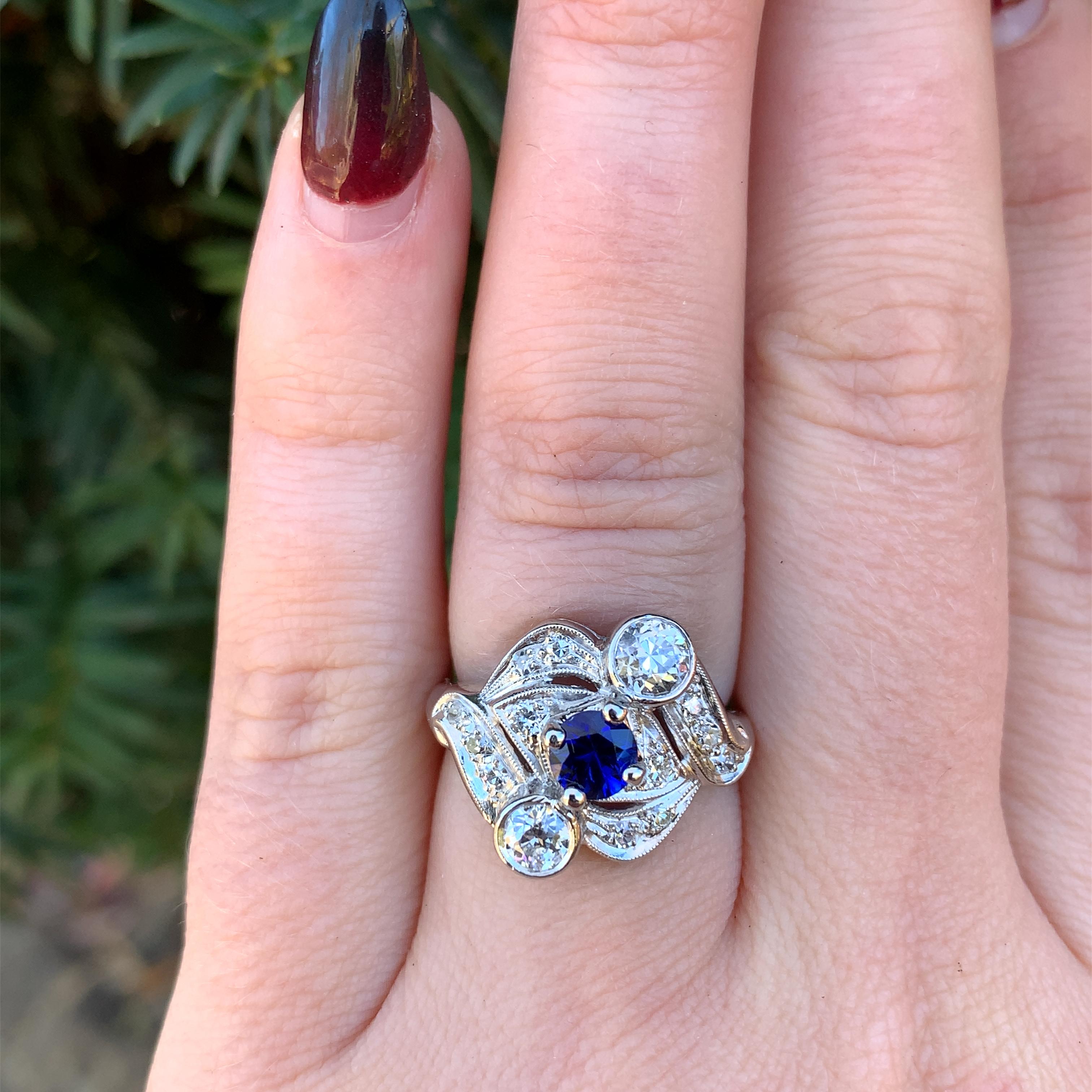 Vintage Platinum Blue Sapphire and Diamond Ring For Sale 3