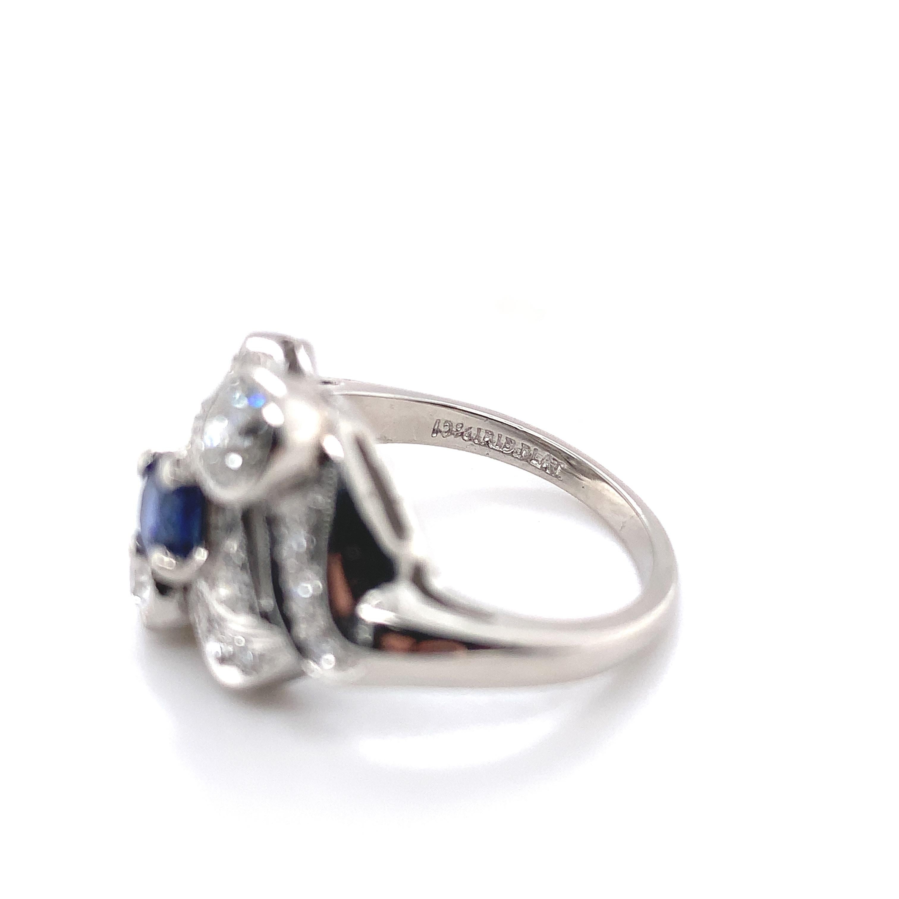 Vintage Platinum Blue Sapphire and Diamond Ring For Sale 4