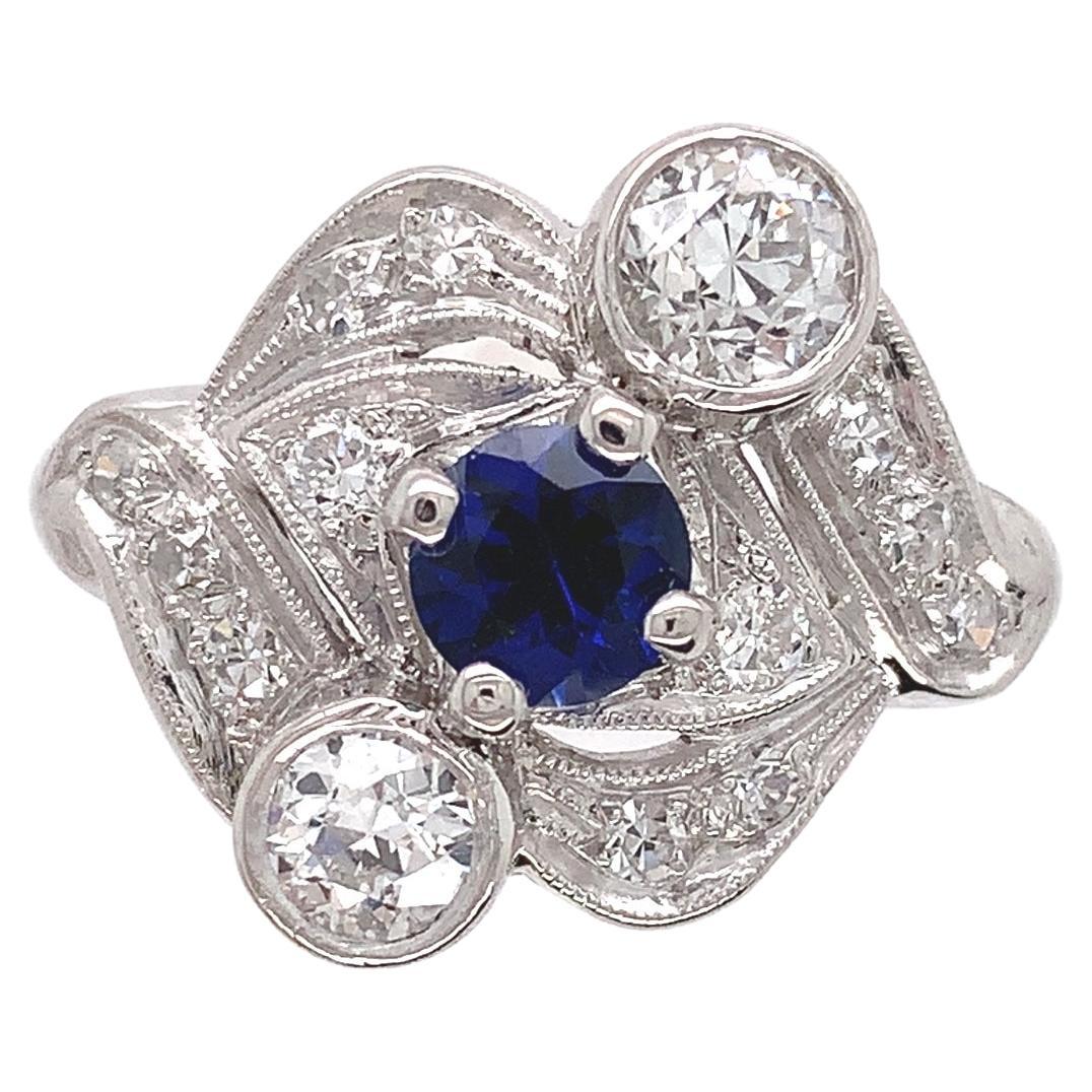 Vintage Platinum Blue Sapphire and Diamond Ring For Sale