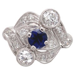 Retro Platinum Blue Sapphire and Diamond Ring