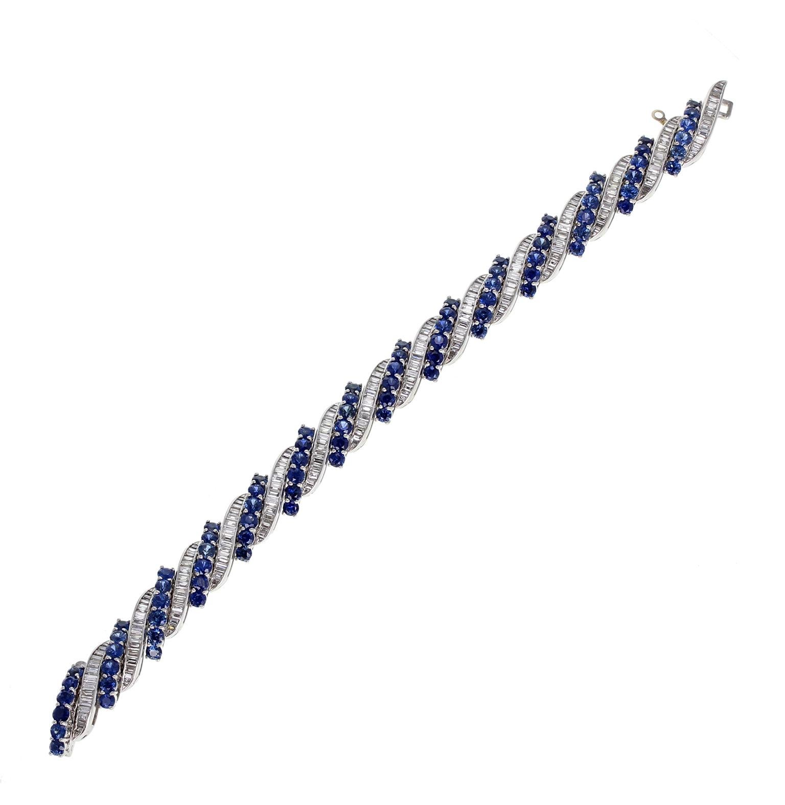 Modern Vintage Platinum Blue Sapphire Diamond Bracelet For Sale
