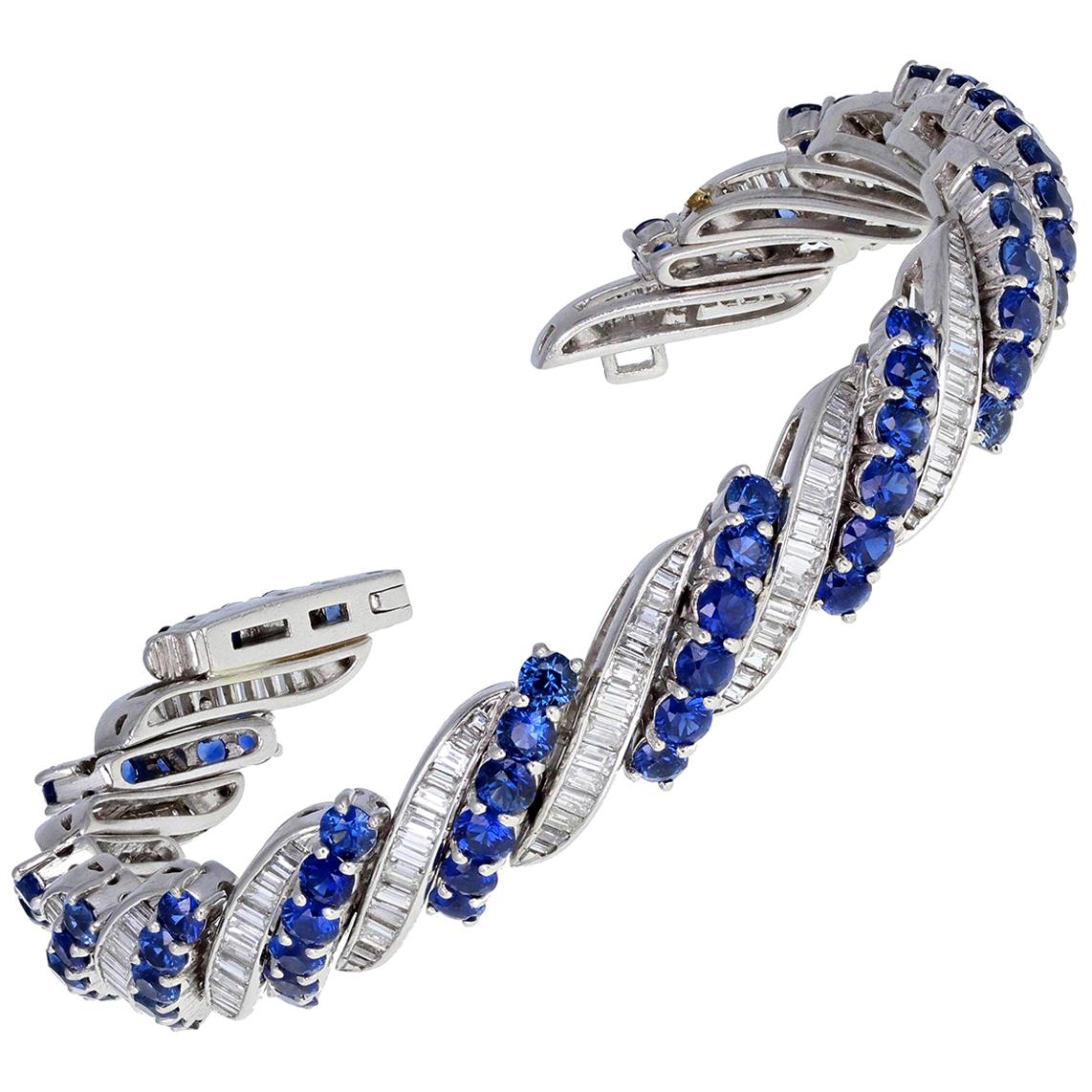 Vintage Platinum Blue Sapphire Diamond Bracelet For Sale