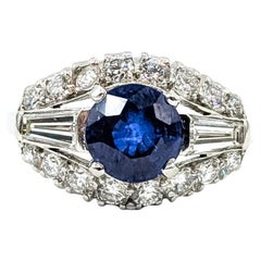 Bague cocktail vintage en platine avec saphir bleu et diamant