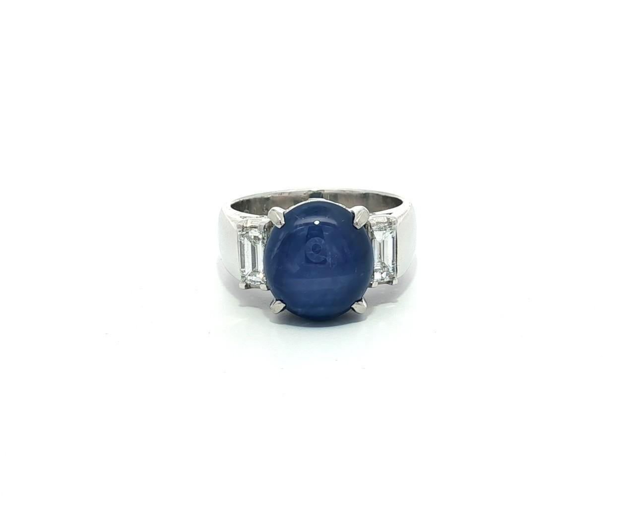 Vintage Platin Blauer Stern Saphir mit Baguette Diamant Akzente Eleganter Ring im Angebot 8