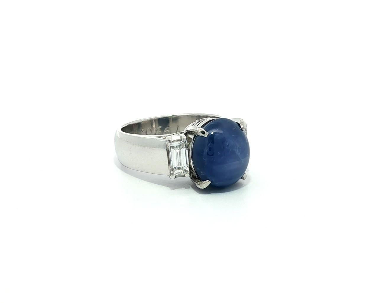 Vintage Platin Blauer Stern Saphir mit Baguette Diamant Akzente Eleganter Ring im Angebot 9