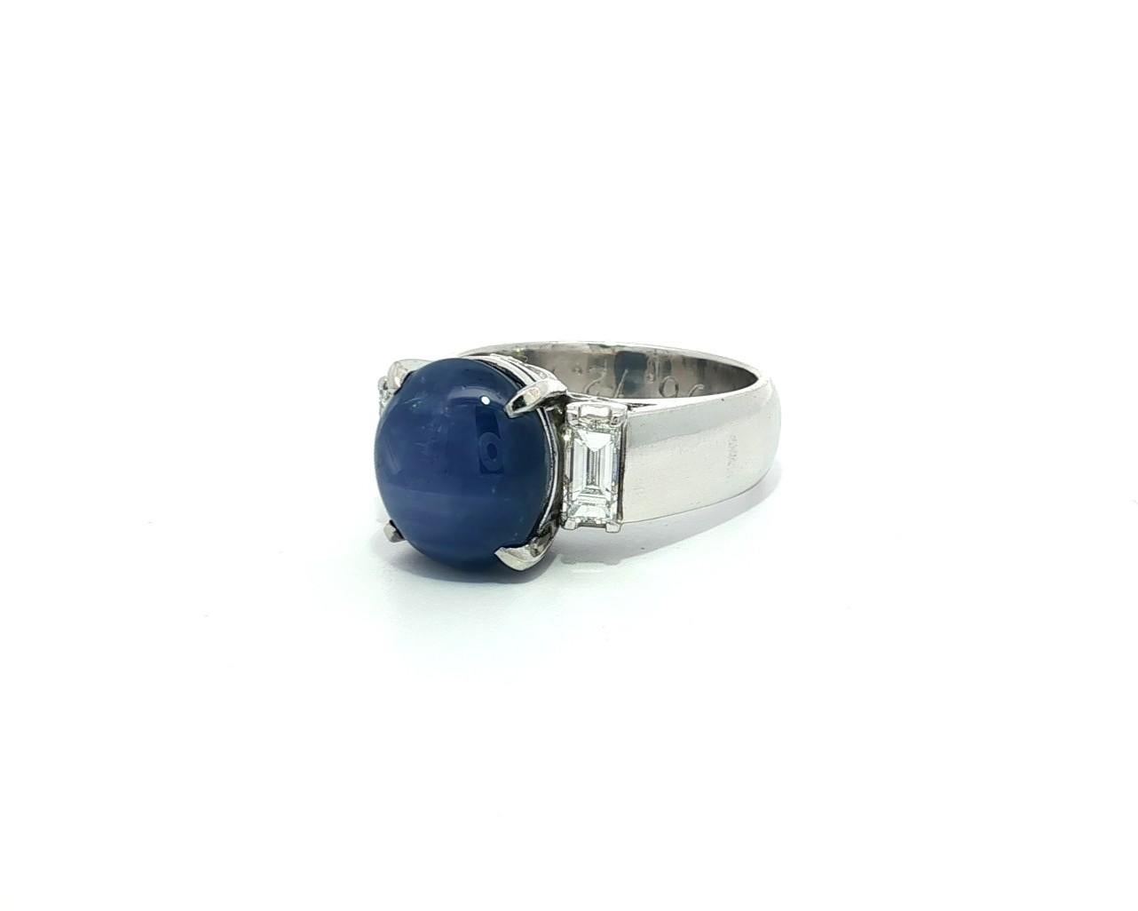 Vintage Platin Blauer Stern Saphir mit Baguette Diamant Akzente Eleganter Ring im Angebot 10