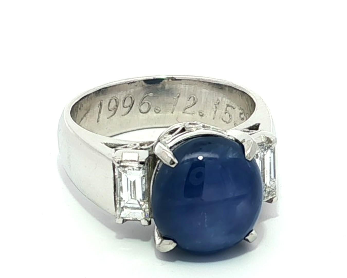 Vintage Platin Blauer Stern Saphir mit Baguette Diamant Akzente Eleganter Ring im Angebot 13