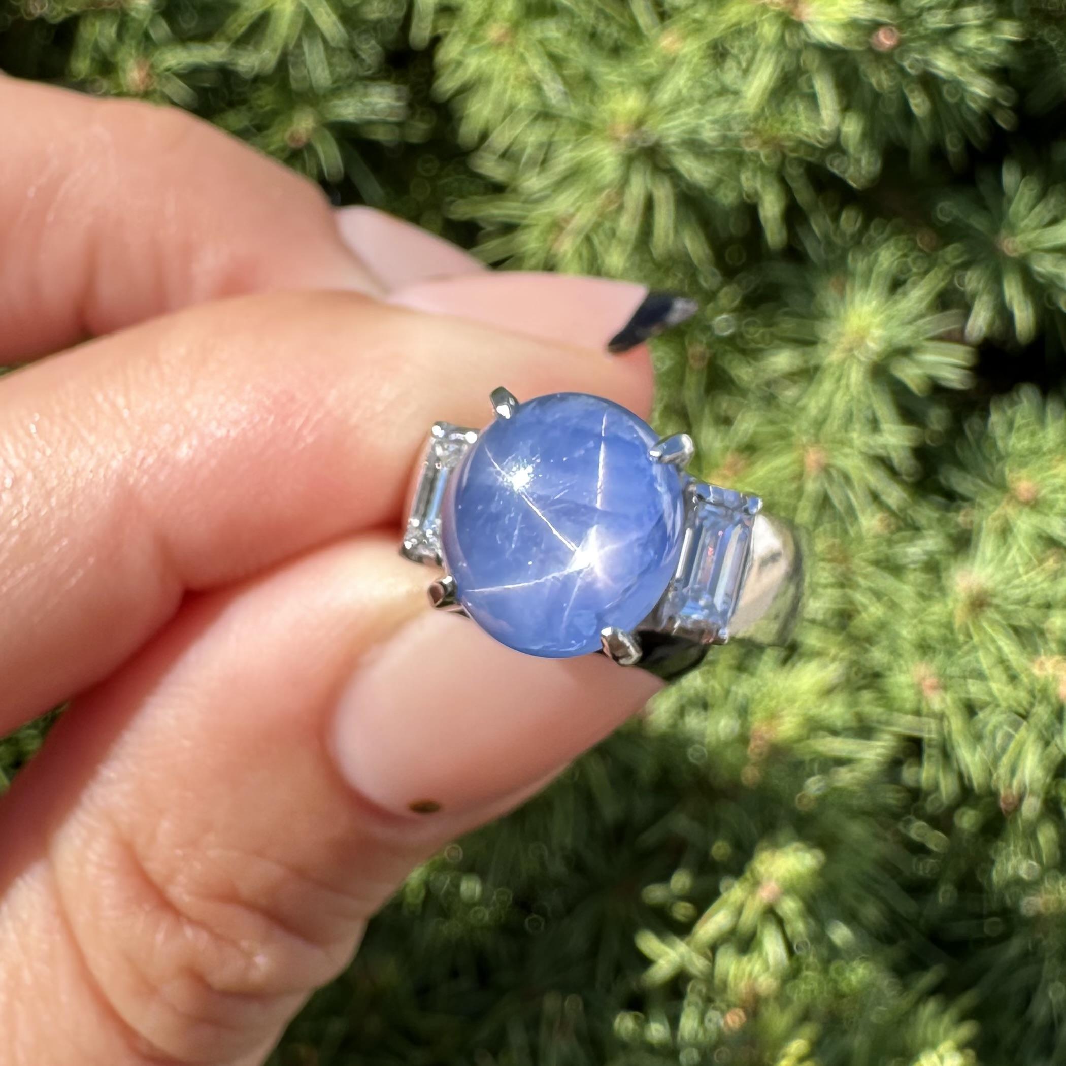 Vintage Platin Blauer Stern Saphir mit Baguette Diamant Akzente Eleganter Ring im Angebot 14