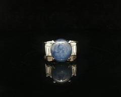 Vintage Platinum Blue Star Sapphire w/ Baguette Diamond Accents Elegant Ring