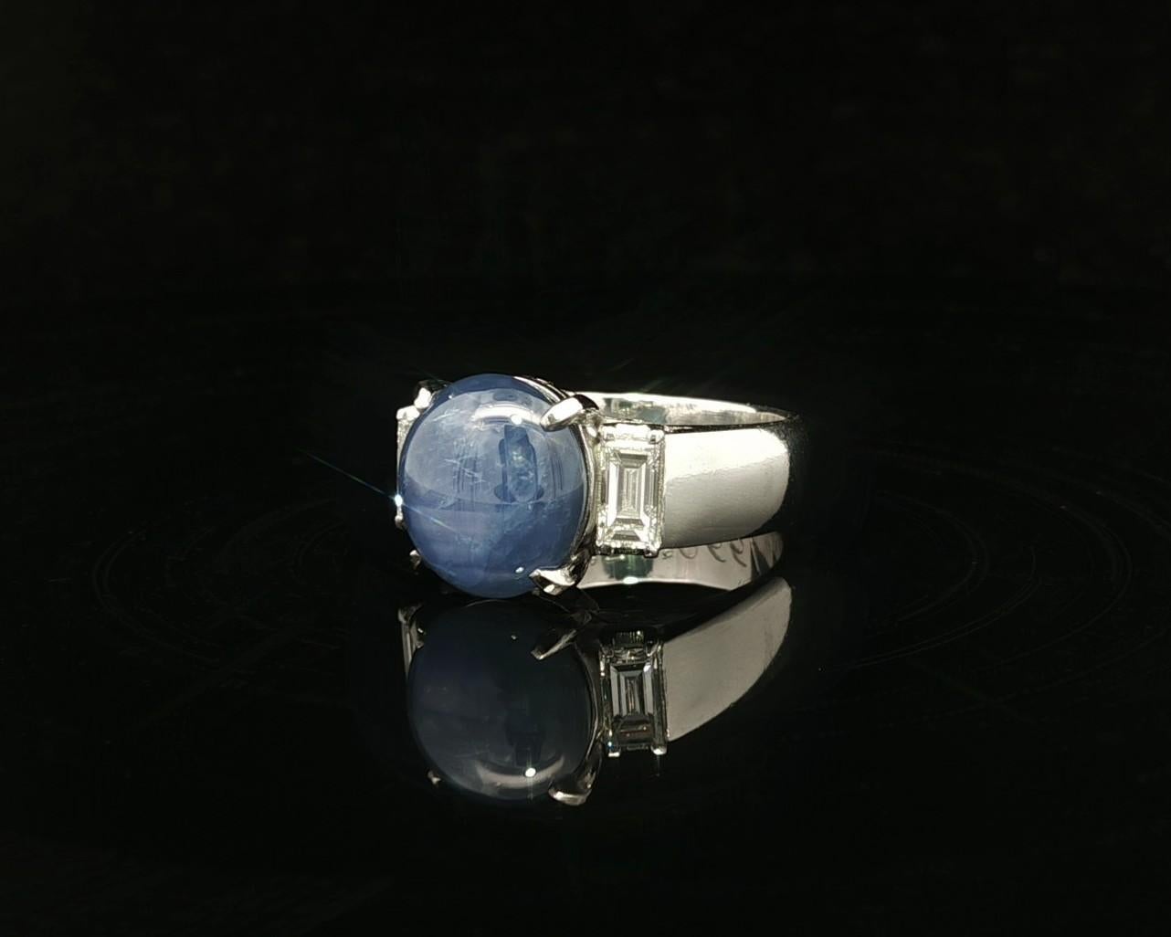 Vintage Platin Blauer Stern Saphir mit Baguette Diamant Akzente Eleganter Ring im Zustand „Hervorragend“ im Angebot in Montclair, NJ